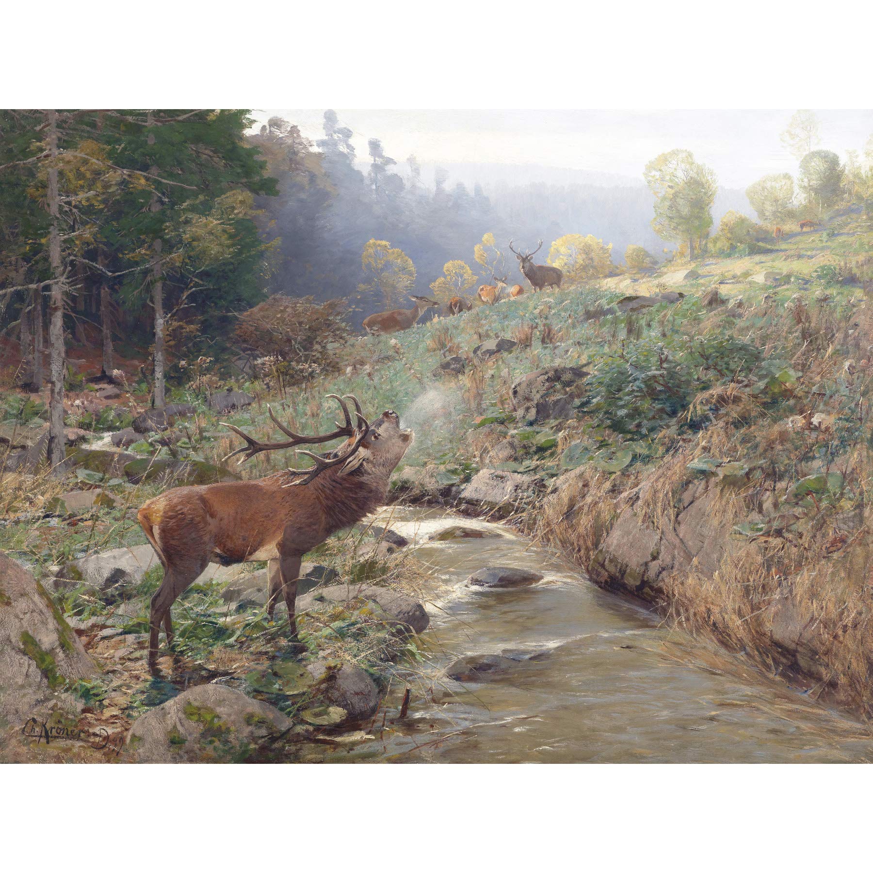 Kroner Herd Red Deer Forest Glade Stag Painting Large Print Poster Wall Art Decor Picture