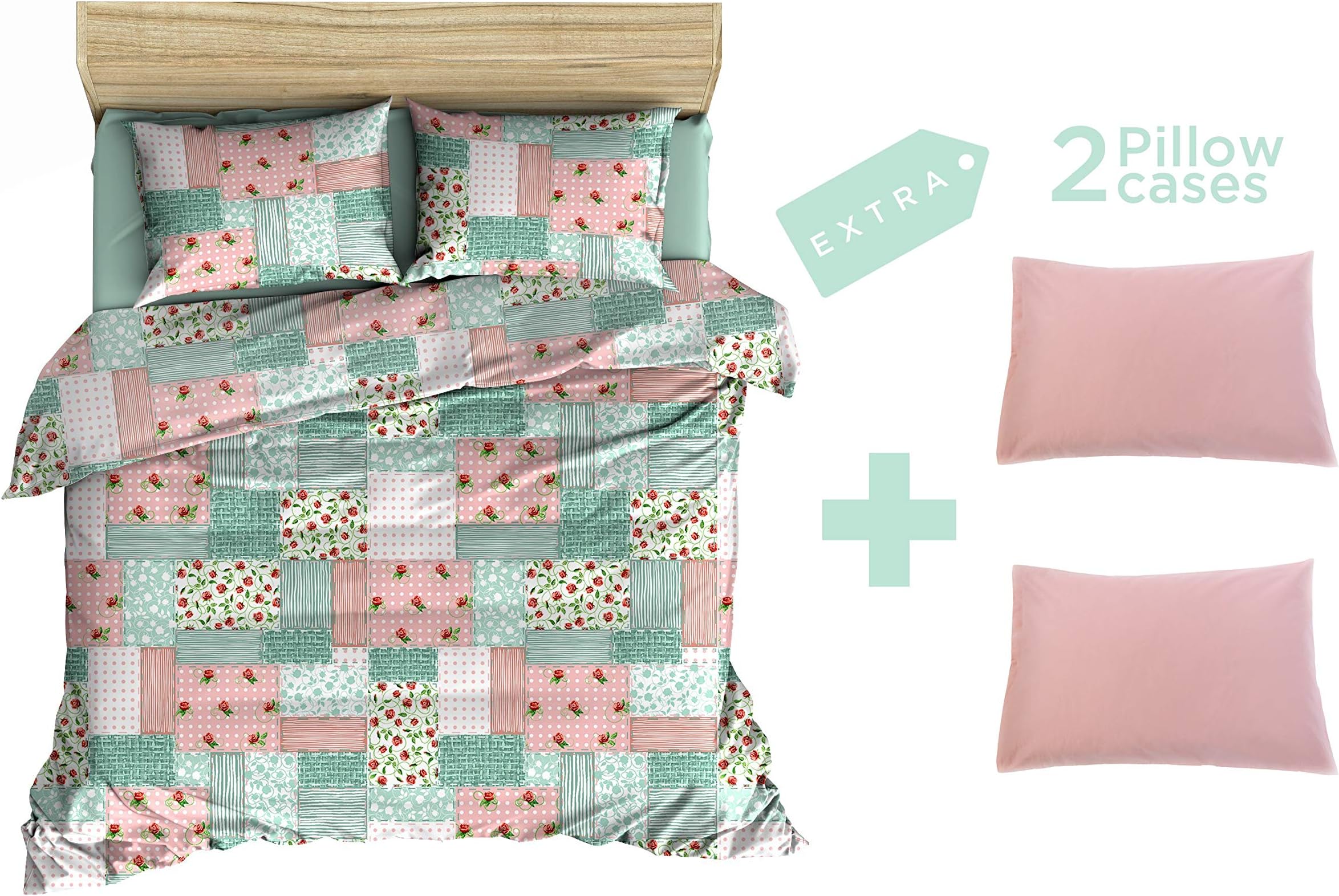 Marsala Home Patchwork Double Duvet Cover Bedding Set with 4 Pillowcases Cotton Quilt Cover (Floral Patchwork Double Size)