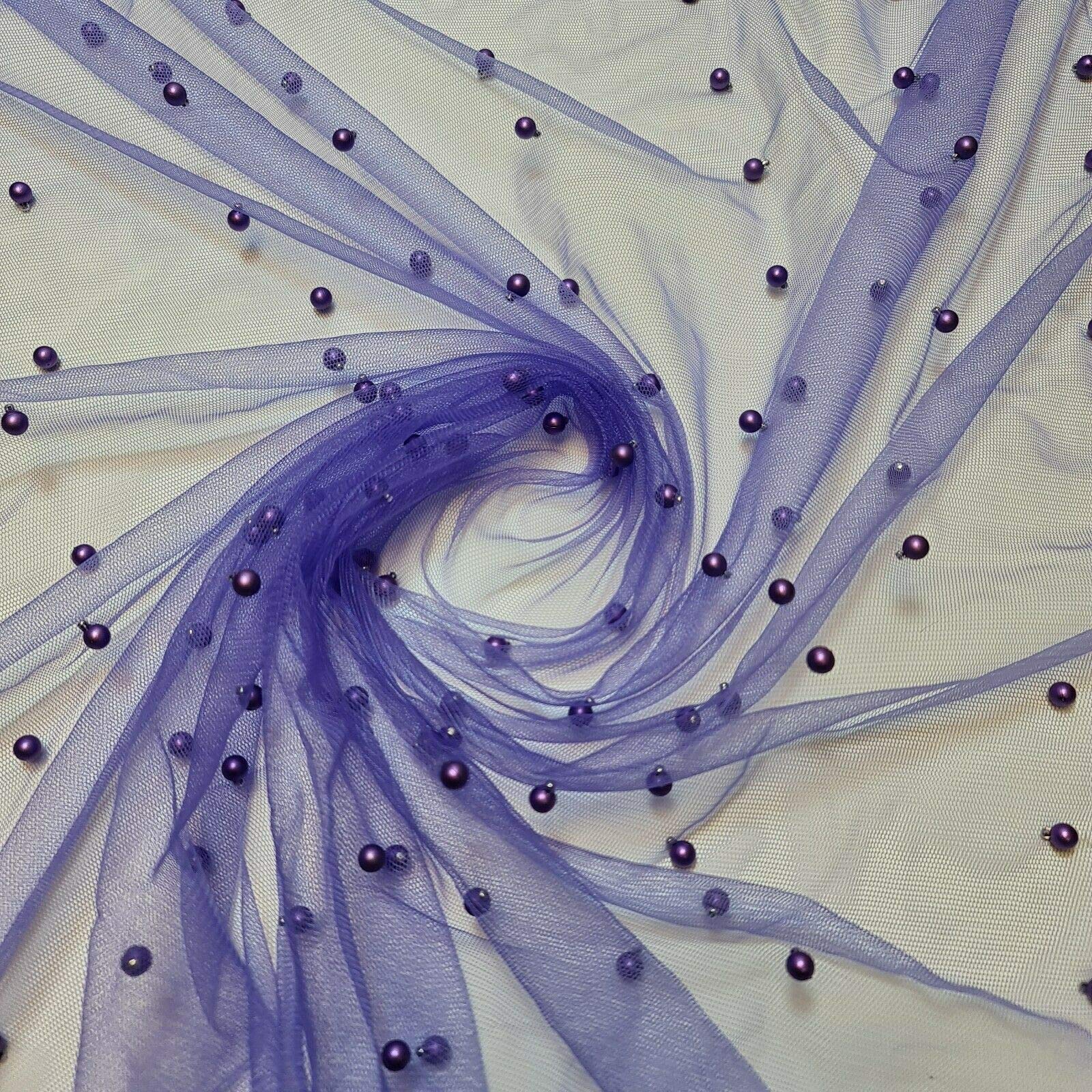 Textile Station 58" Wide Tulle Beaded Pearl Lace Net Fabric Bridal Veil Wedding Backdrop Décor Available in 25 Colours (Pale Purple/Blue, 2 Meter)