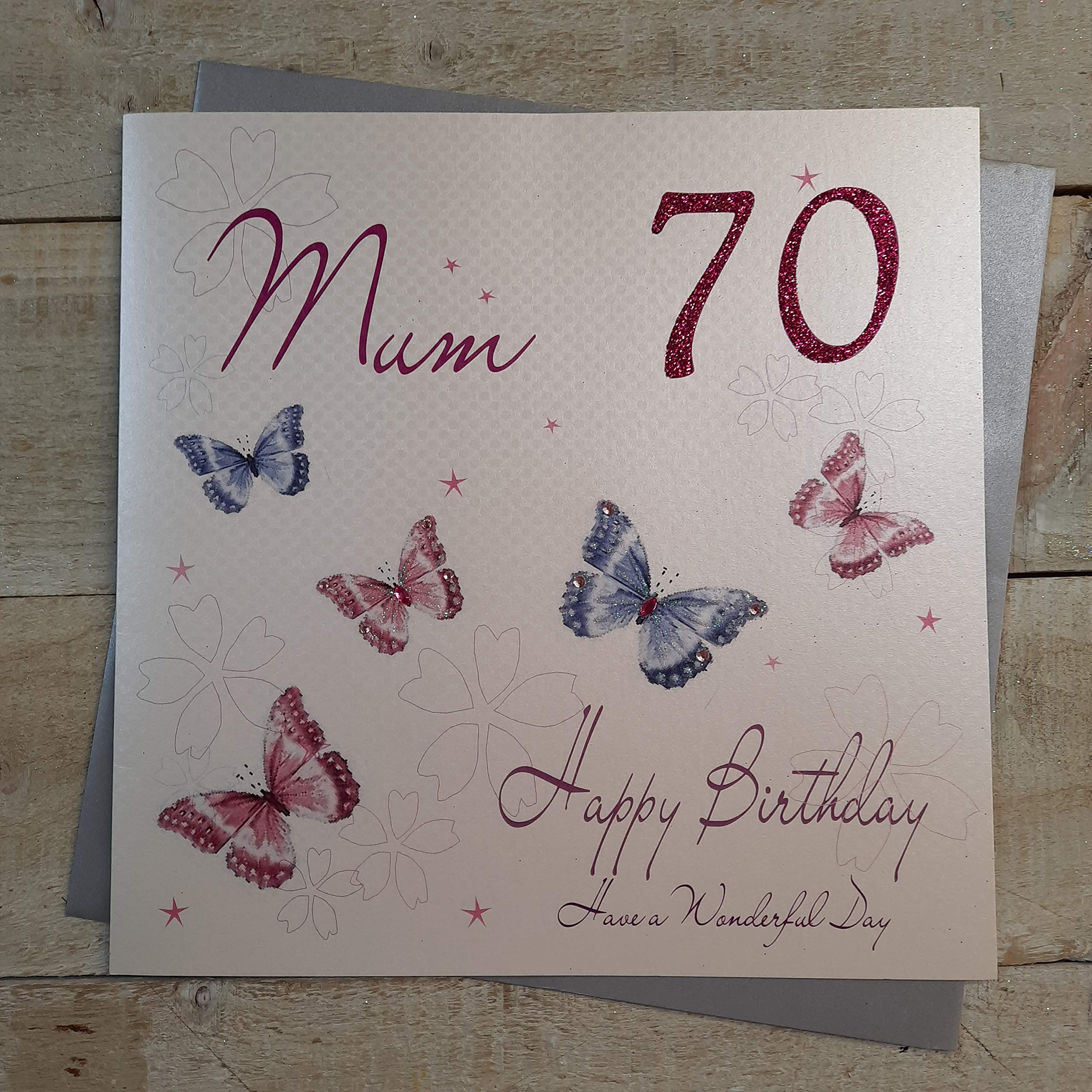 WHITE COTTON CARDS 70 Happy, Handmade Large Birthday Card (Mum, Butterflies)