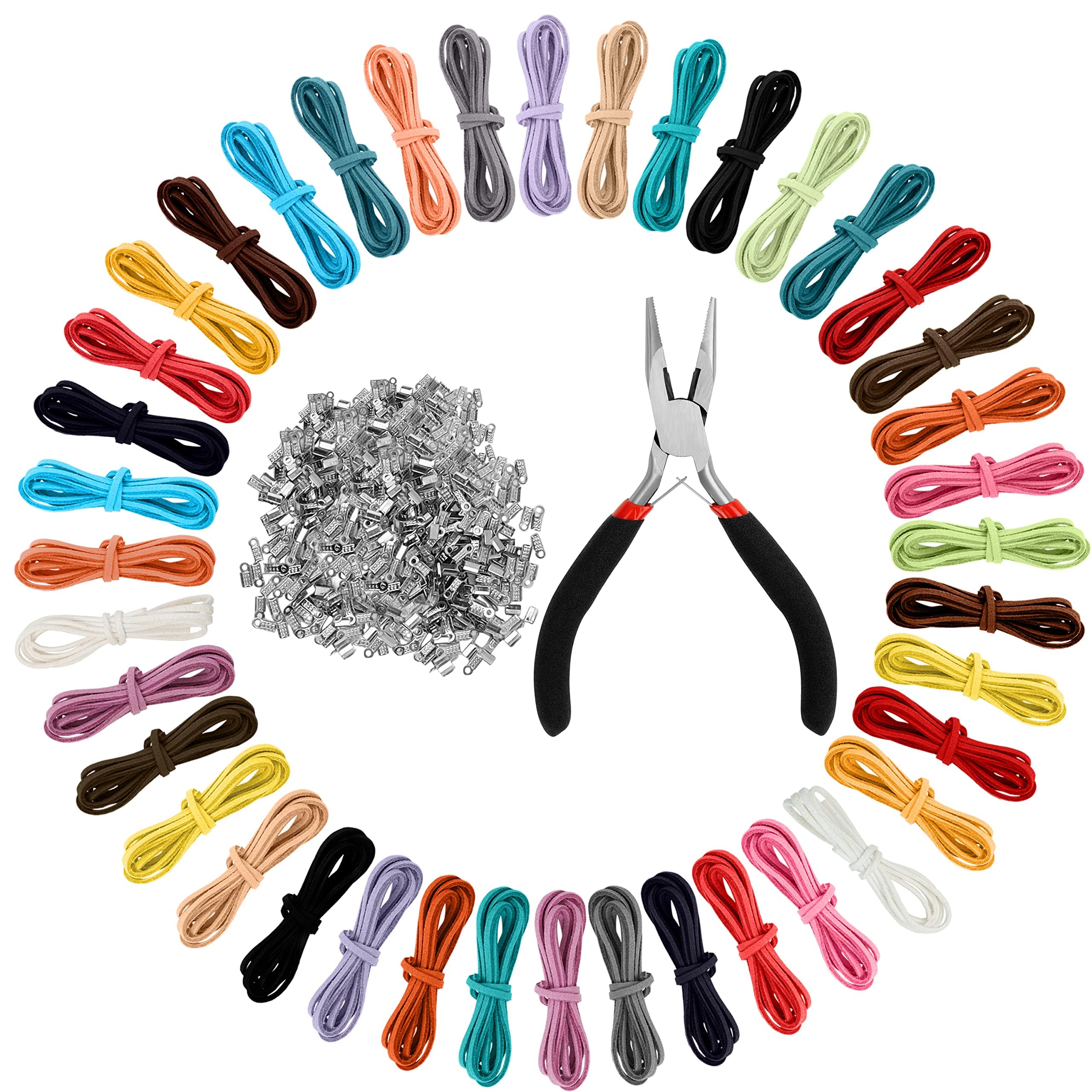 Curtzy 40 Pieces 1m x 3mm Leather Cord Faux Suede String Threads with 200 Pieces Silver Cord Ends - Faux Suede Cord for Bracelet, Necklace, Key Rings, Jewellery, and Gift Making DIY Crafts