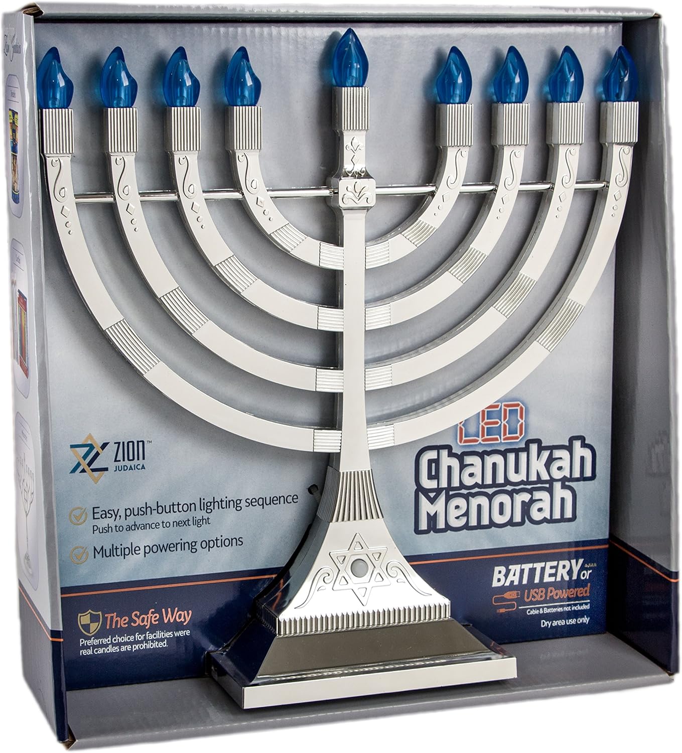Zion Judaica LED Electric Hanukkah Menorah - Battery or USB Powered (Silver) - Batteries and Cable Not Included: Home & Kitchen