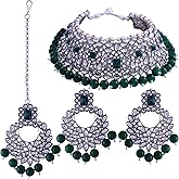I Jewels Silver Plated Indian Wedding BollywoodPearl Kundan Studded Choker Jewellery Necklace Set with Maang Tikka for Women (K7218Z-1)