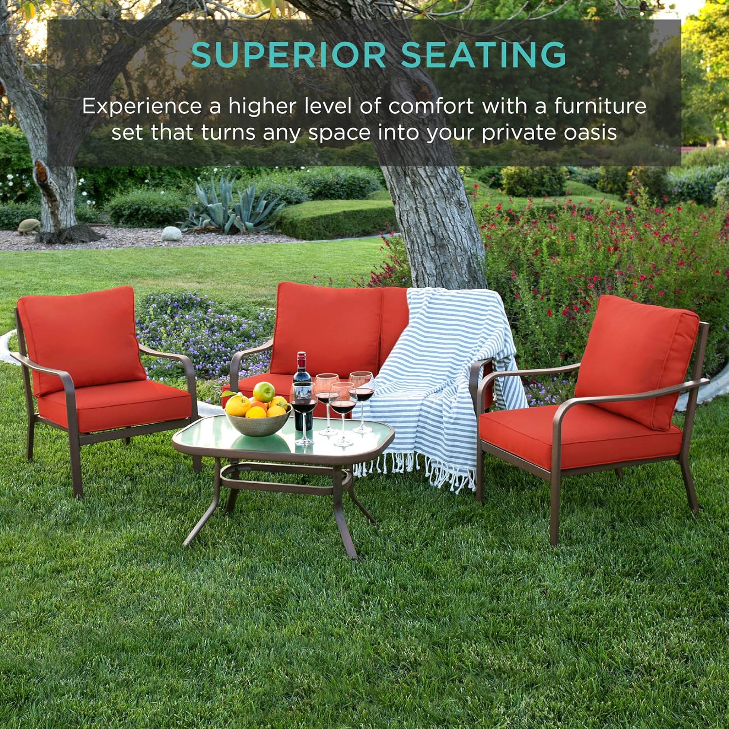 Best Choice Products 4-Piece Cushioned Patio Furniture Conversation Set w/Loveseat, 2 Chairs, Coffee Table - Red: Garden & Outdoor