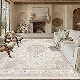 PureCozy Beige Area Rug 8x10 Washable Vintage Carpet for Living Room Bedroom Large Soft Retro Low Pile Thin Indoor Rug Non Slip Oriental Medallion Floor Cover for Dining Room Office