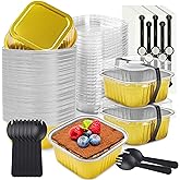 NPLUX 50 Pack Mini Cake Pans with Lids and Spoons Aluminum Foil Pans Square Cake Tins for Bakery Party Wedding (Gold,5 oz)