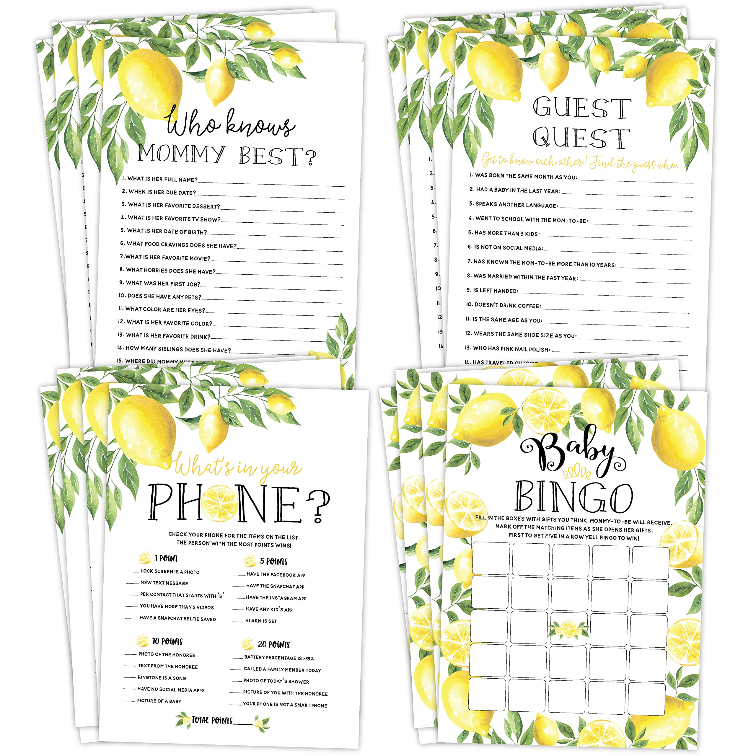 Photo 1 of Your Main Event Prints Lemon Floral Baby Shower Games - BabyQ Bingo, Guest Quest, Who Knows Mommy Best, What's in Your Phone - 25 Games Each, 1 Game Per Side