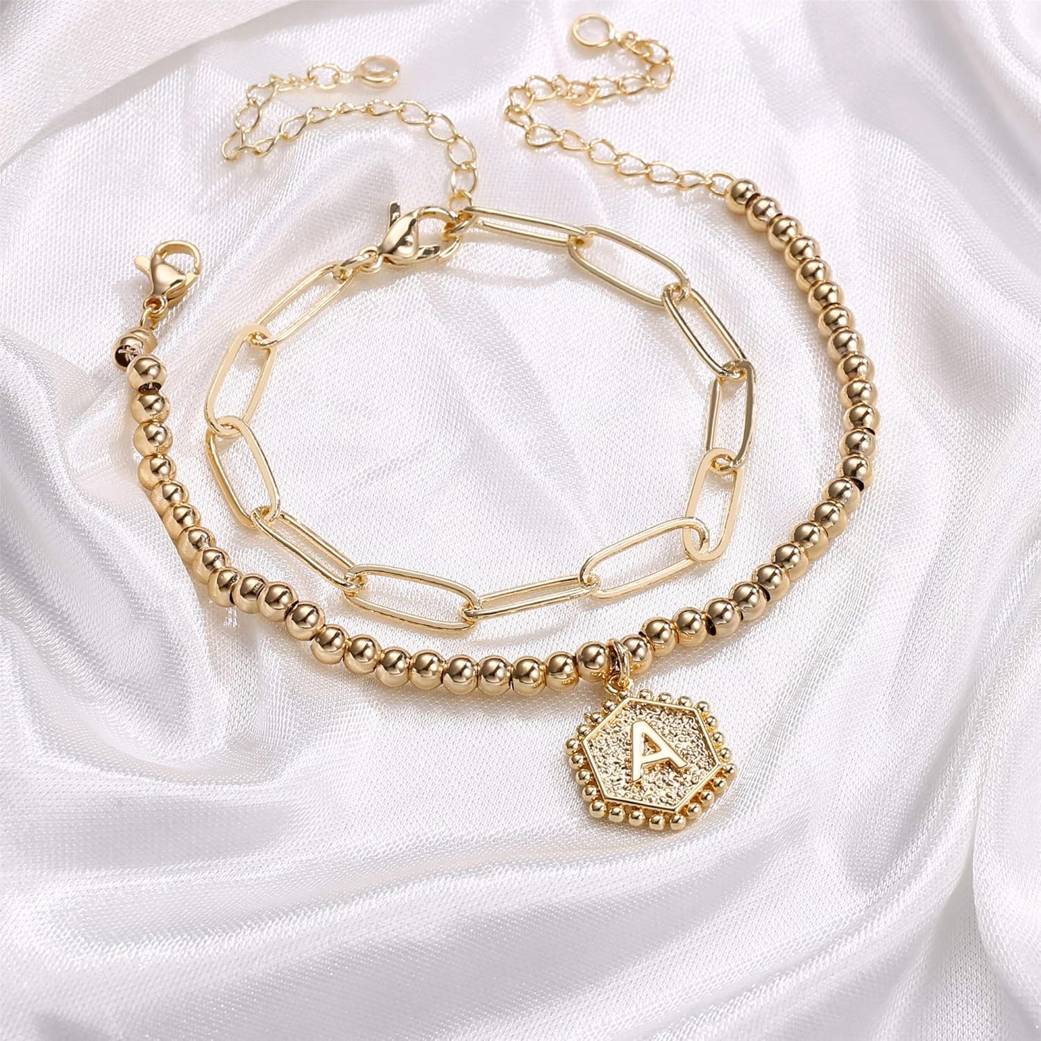 IEFWELL Dainty Gold Charm Bracelets for Women, 14K Gold Plated Bead Bracelet Letter K Paperclip Link Bracelets for Her Dainty Gold Charm Bracelets for Women Jewelry: Jewelry