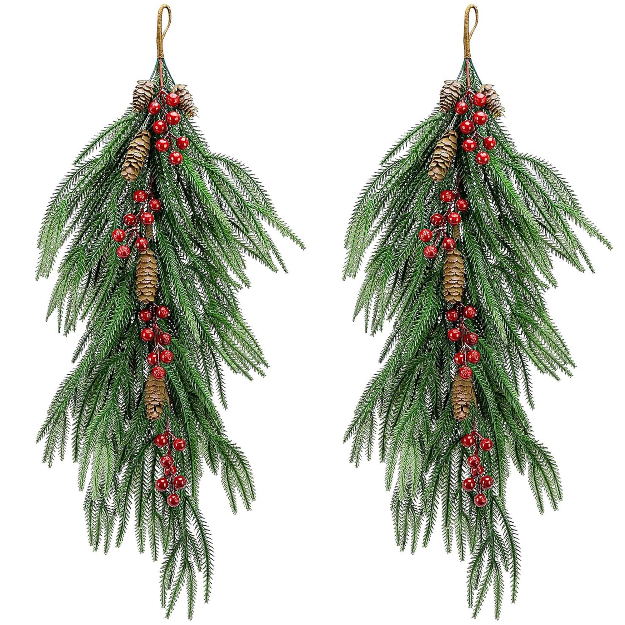 Photo 1 of 2 Pcs Artificial Christmas Teardrop Swag with Berries and Pinecones, Faux Berry Pine Branch Teardrop Door Swag, Real Touch Norfolk Wreath Greenery Staircase Swags for Xmas Door Mantle Fireplace Decor
