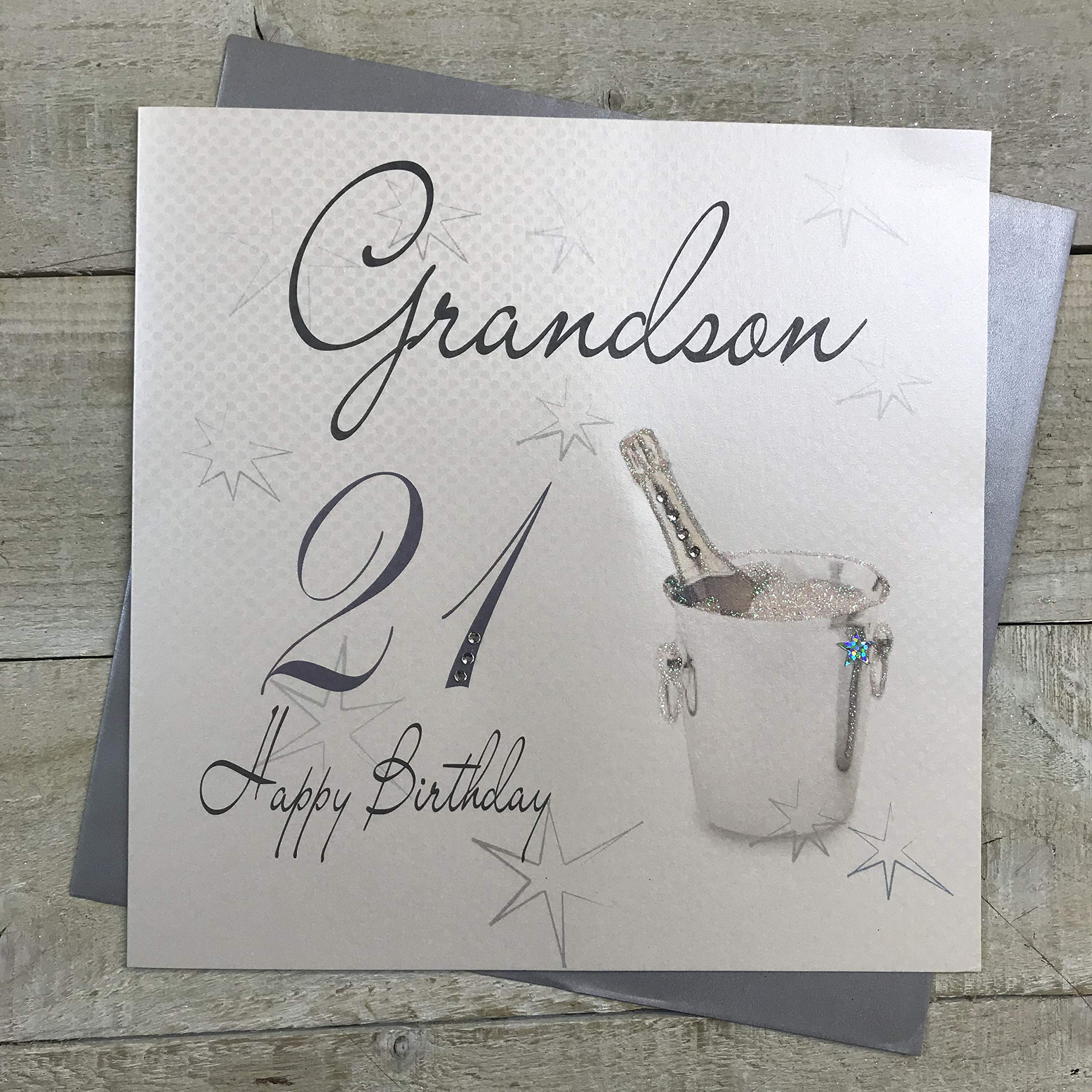 white cotton cards Happy Birthday Grandson 21, Handmade Large 21st Birthday Card Champagne Bucket, XLWBGS21