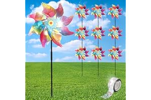 YORR Pinwheels for Yard and Garden, 10Pack Reflective Pinwheels to Scare Birds Away, Sparkly Colorful Pin Wheels with Bird Scare Tape for Lawn, Patio(Pack of 10)