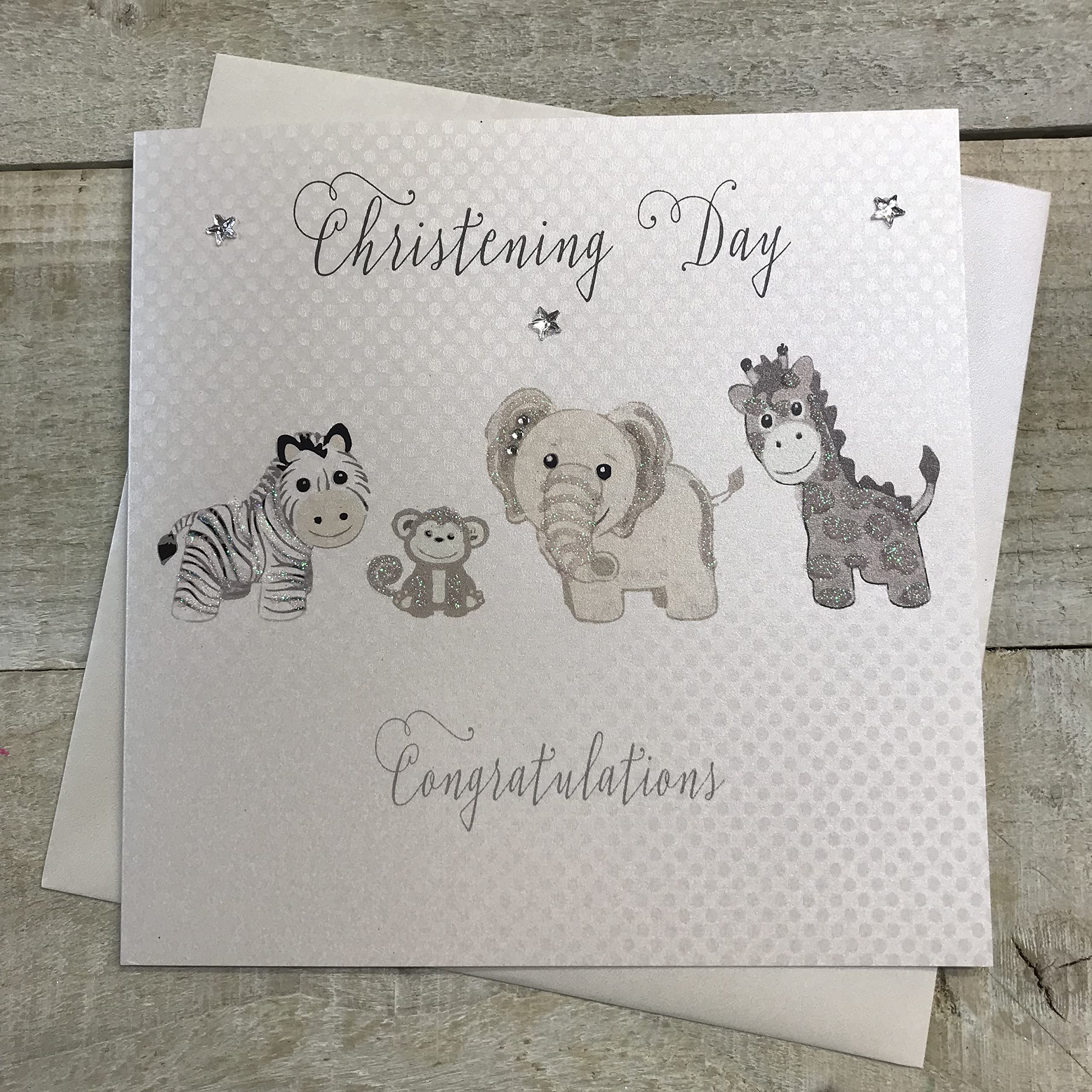white cotton cards "Christening Day Congratulations Handmade Card, Silver Toys White, PD68 NEW