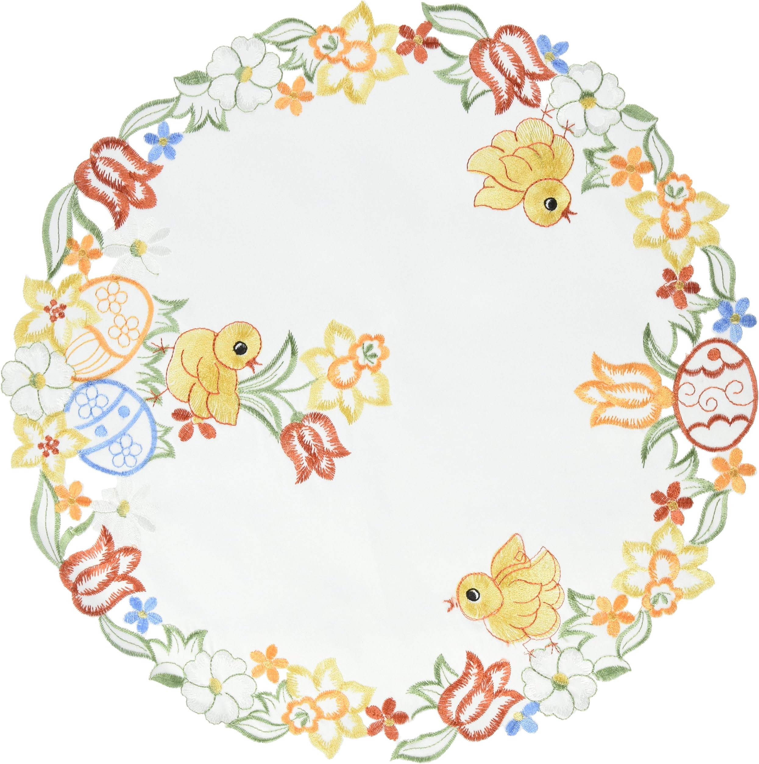 Xia Home Fashions Spring Chicks Embroidered Cutwork Round Easter Placemats, 16-Inch, Set of 4