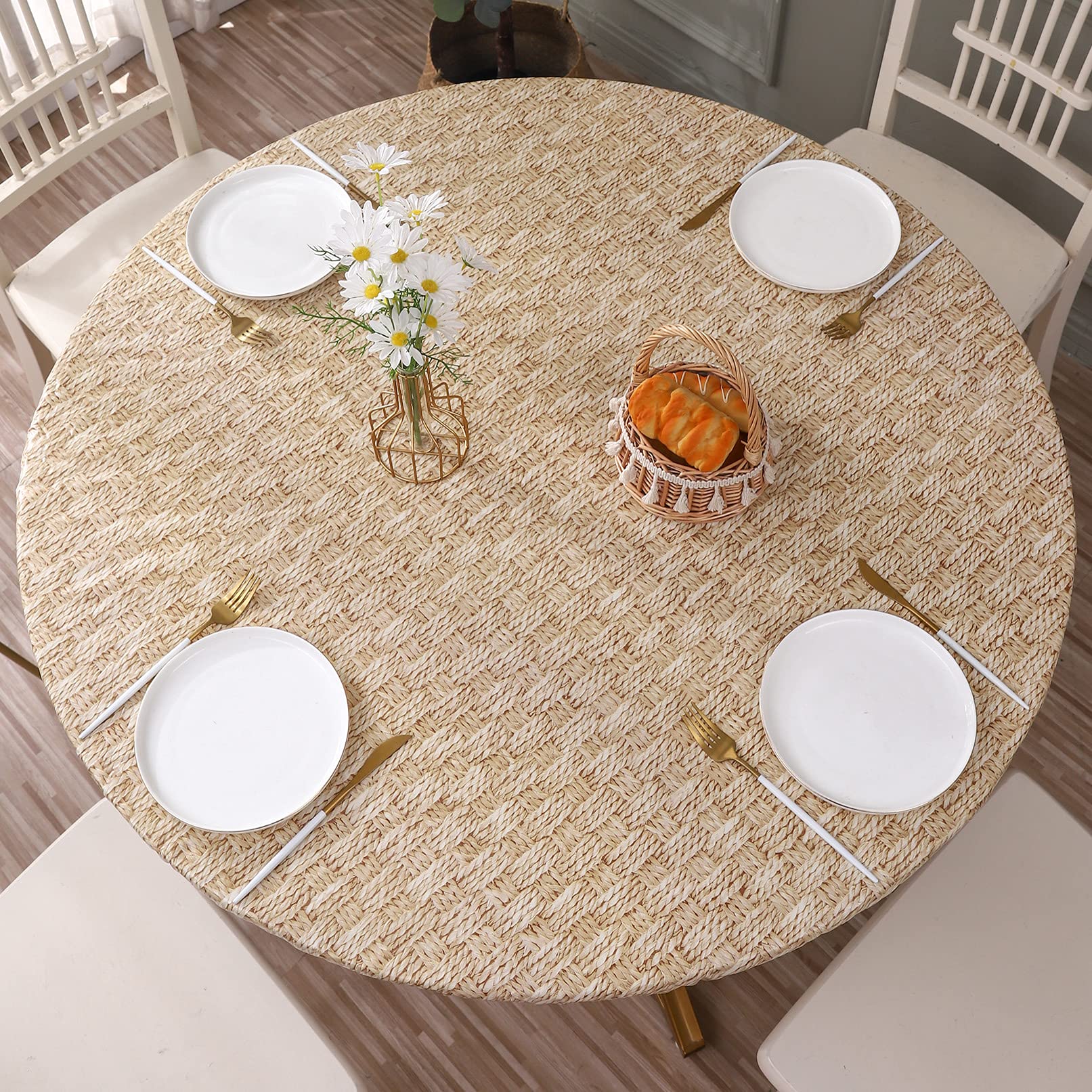 Photo 1 of Round Vinyl Fitted Tablecloth with Flannel Backing Elastic Edge Design Table Cover Waterproof Oil-Proof PVC Table Cloth Stain-Resistant Best for 45"-56" Round