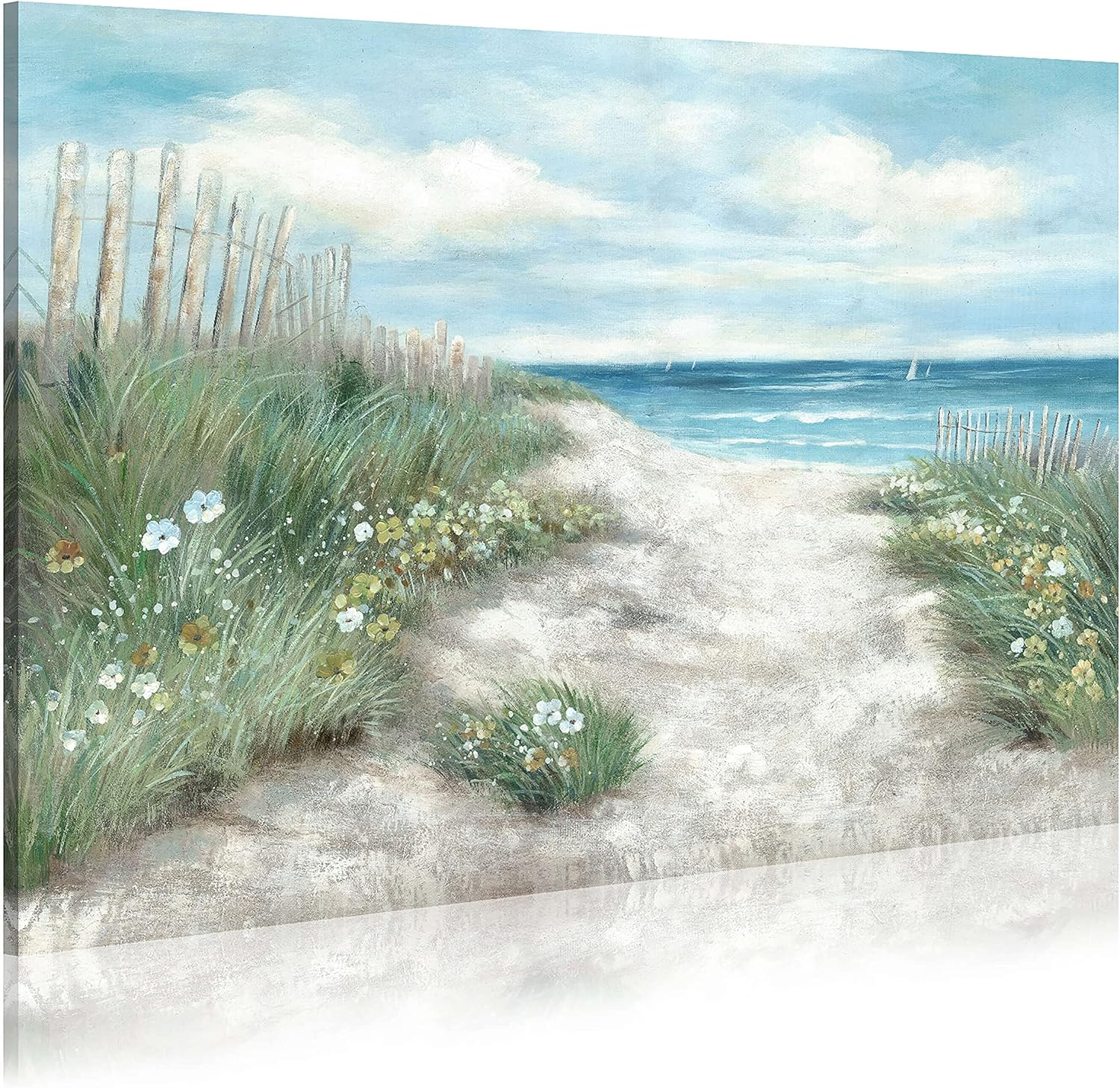 Paintings - WALLSUP DECOR Abstract Beach Coastal Painting Canvas: Flower & Straw with Blue Sky Wall Art Seascape Artwork Picture for Living Room (36” x 24'' x 1 Panel)