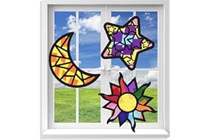 VHALE Suncatchers Craft 3 Sets (9 Cutouts) w Tissue Papers Stained Glass Effect Paper Sun Catcher Kit, Window Art, Classroom Crafts, Creative Art Projects, Kids Party Favors (Sun Moon & Stars)