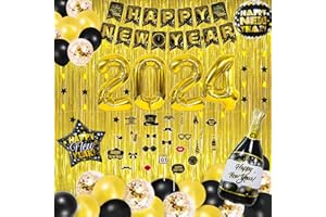 Fikowo New Years Eve Party Supplies 2024, Happy New Years Decorations 2024, Black and Gold Balloon Decoration, Happy New Year Banner, Gold Foil Curtain Backdrop Decor for NYE Decorations 2024