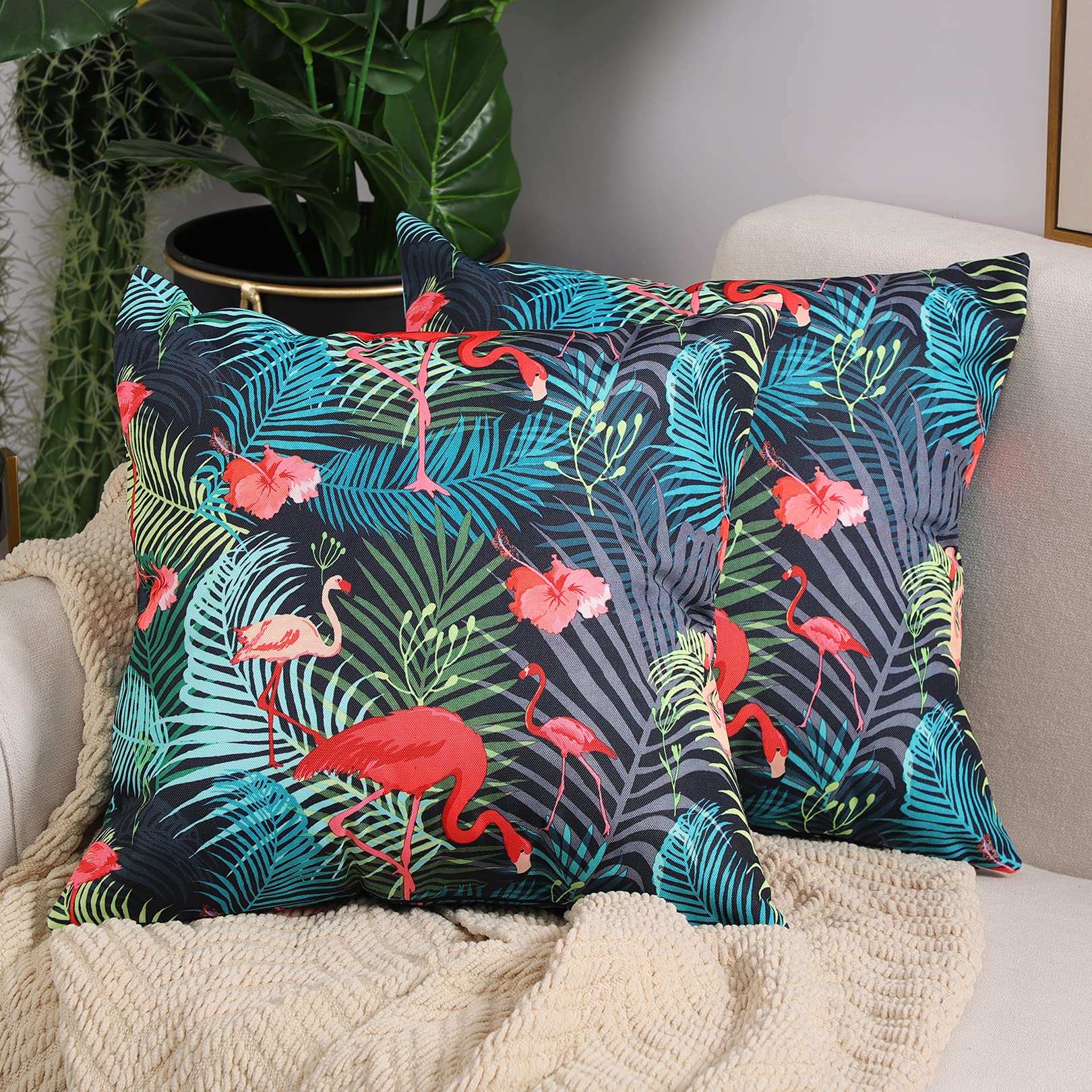 COFEDE Cushion Covers 18x18,Pack of 2 Outdoor Waterproof Garden Cushion Cases for Outside Sofa Bedroom,45x45 cm(Flamingo)