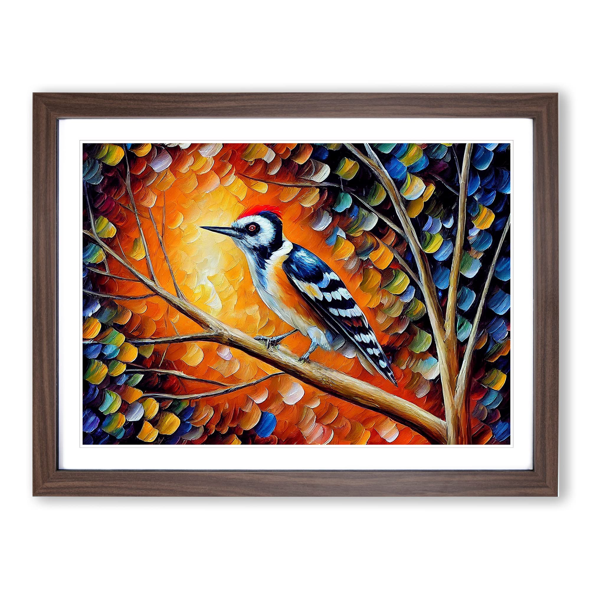 Woodpecker Bird Painting Vol.5 Abstract Framed Print | A3 Walnut Framed Wall Art | Ready to Hang | Abstract Animal Picture | Living Room Bedroom Lounge Office
