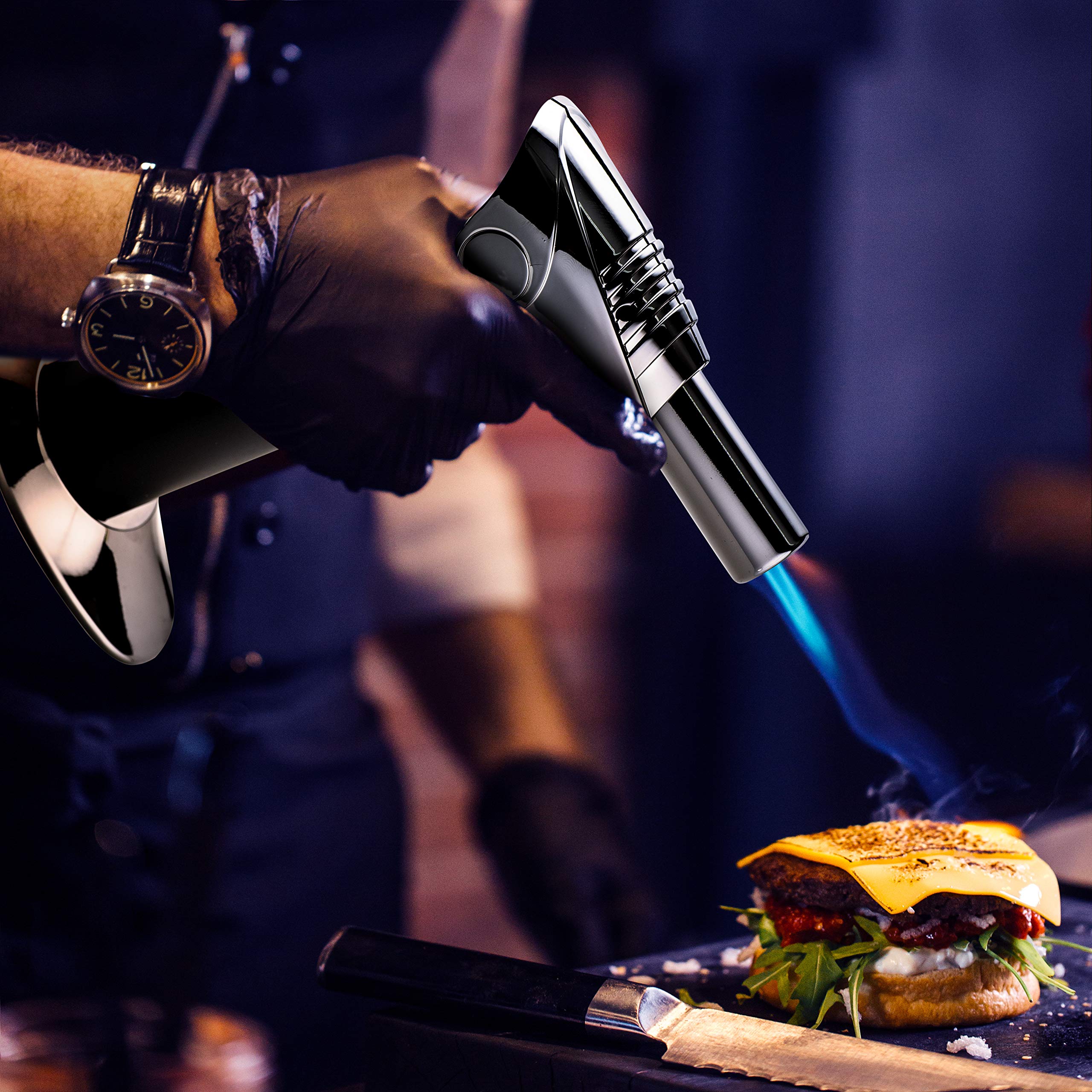 PREMIUM Crème Brûlée Torch – The Ultimate Kitchen Food Torch – Windproof, Use at Any Angle, Safety Switch, Ergonomic Matte Black Grip – Culinary Butane Blow Torch 2,700°F – by Jo Chef