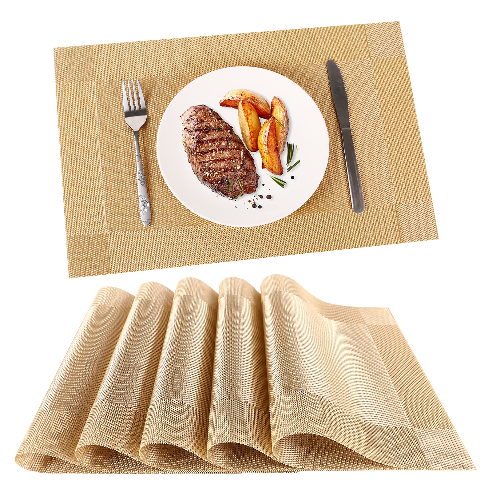 Miorkly Placemats - Set of 6 Christmas Table Mats, Heat Resistant/Washable/Non Slip PVC, 45CM x 30CM (Gold)