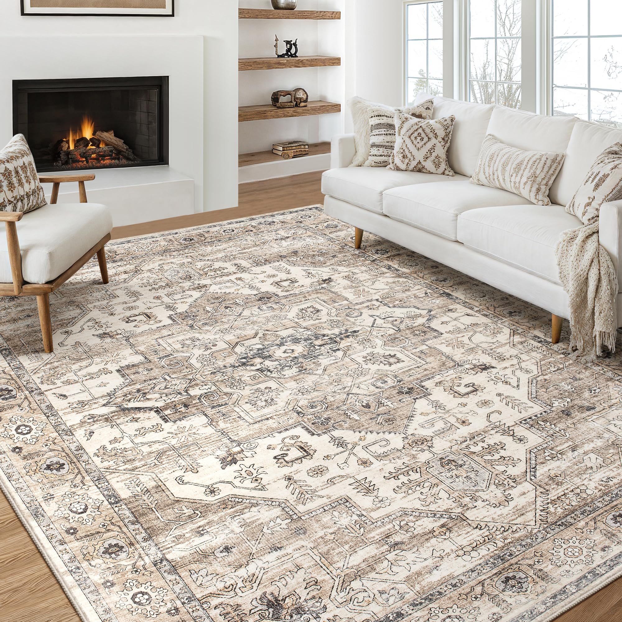 Photo 1 of Area Rug 9x12 Washable Vintage - Soft Traditional Rugs for Living Room Large Non Slip Backing with Low Pile Farmhouse Oriental Retro Carpet for Bedroom Dining Room or Home Office - Tea Brown