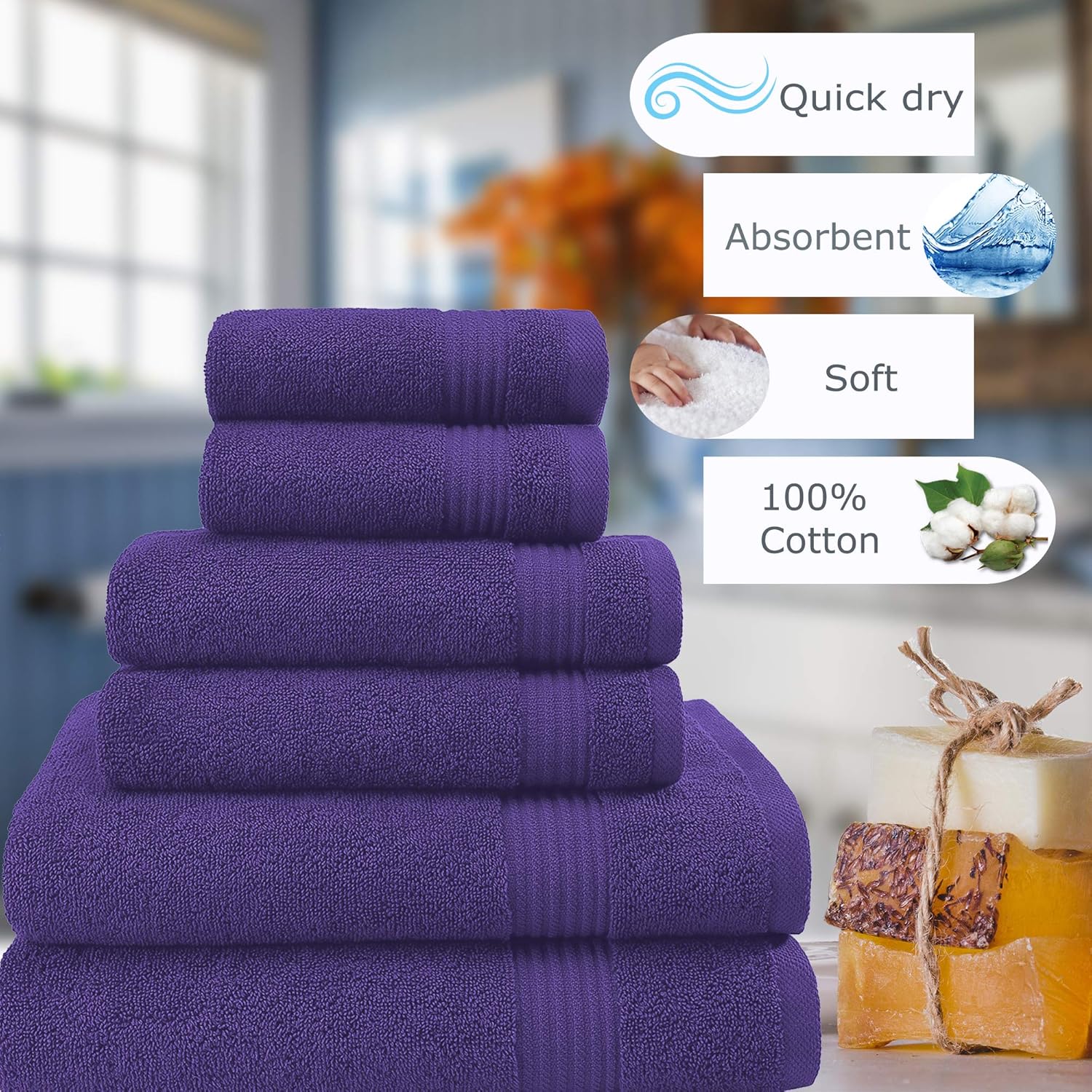 Hotel & Spa Quality, Absorbent & Soft Decorative Kitchen & Bathroom Sets, 100% Turkish Genuine Cotton 6 Piece Towel Set, Includes 2 Bath Towels, 2 Hand Towels, 2 Washcloths - Violet Purple: Kitchen & Dining