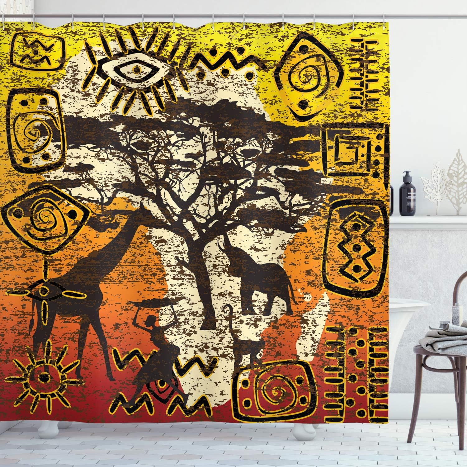 Ambesonne African Shower Curtain, Animals Safari Theme Cultural Art Grunge Bohemian, Cloth Fabric Bathroom Decor Set with Hooks, 75