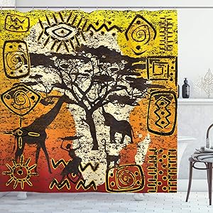 Ambesonne African Shower Curtain, Animals Safari Theme Cultural Art Grunge Bohemian, Cloth Fabric Bathroom Decor Set with Hooks, 75