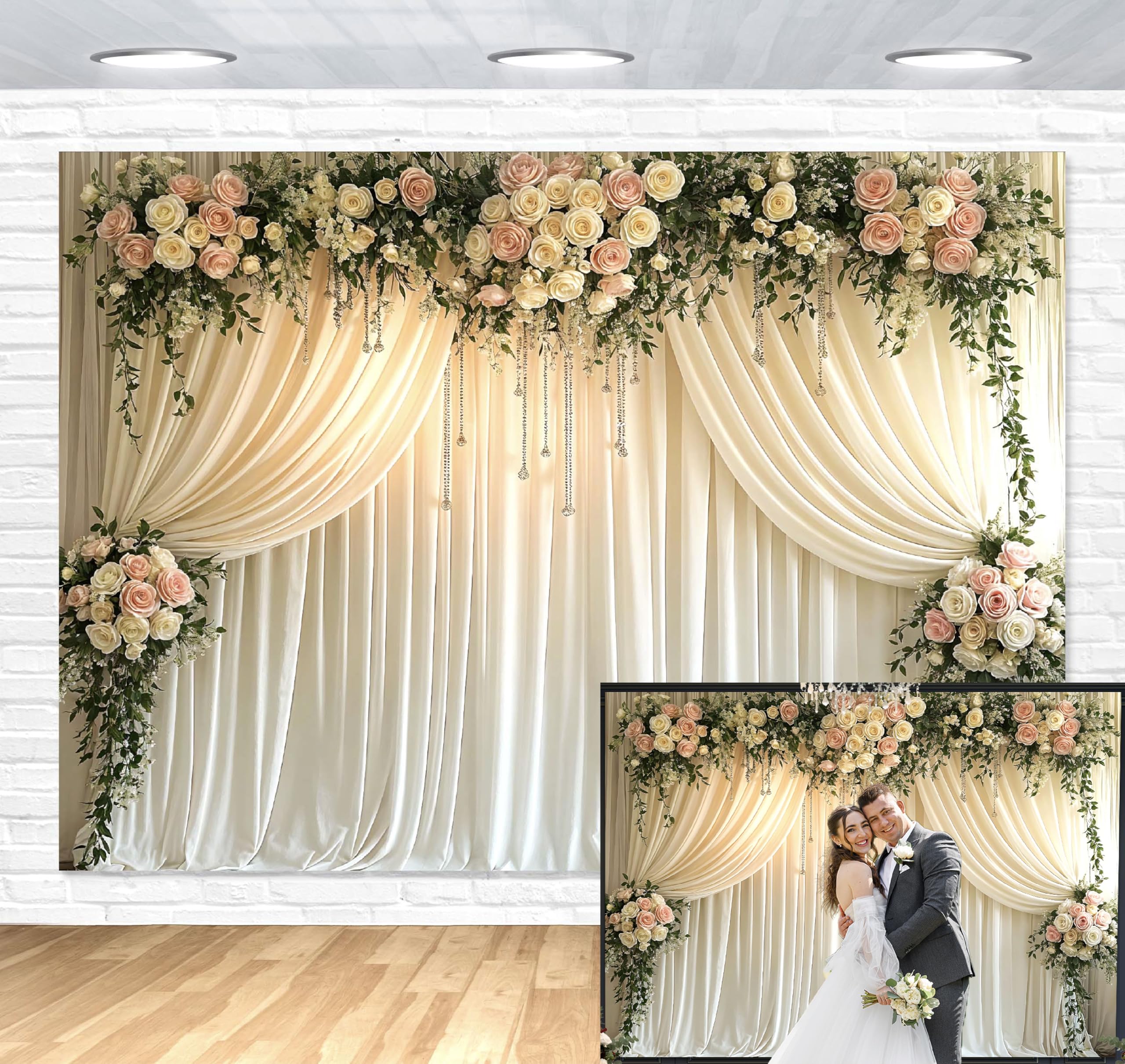 Photo 1 of IndoTribe White Floral Backdrop Wall 7x5ft - Flower Backdrop for Photography, Birthdays, Weddings, Baby Showers - Cloth Fabric