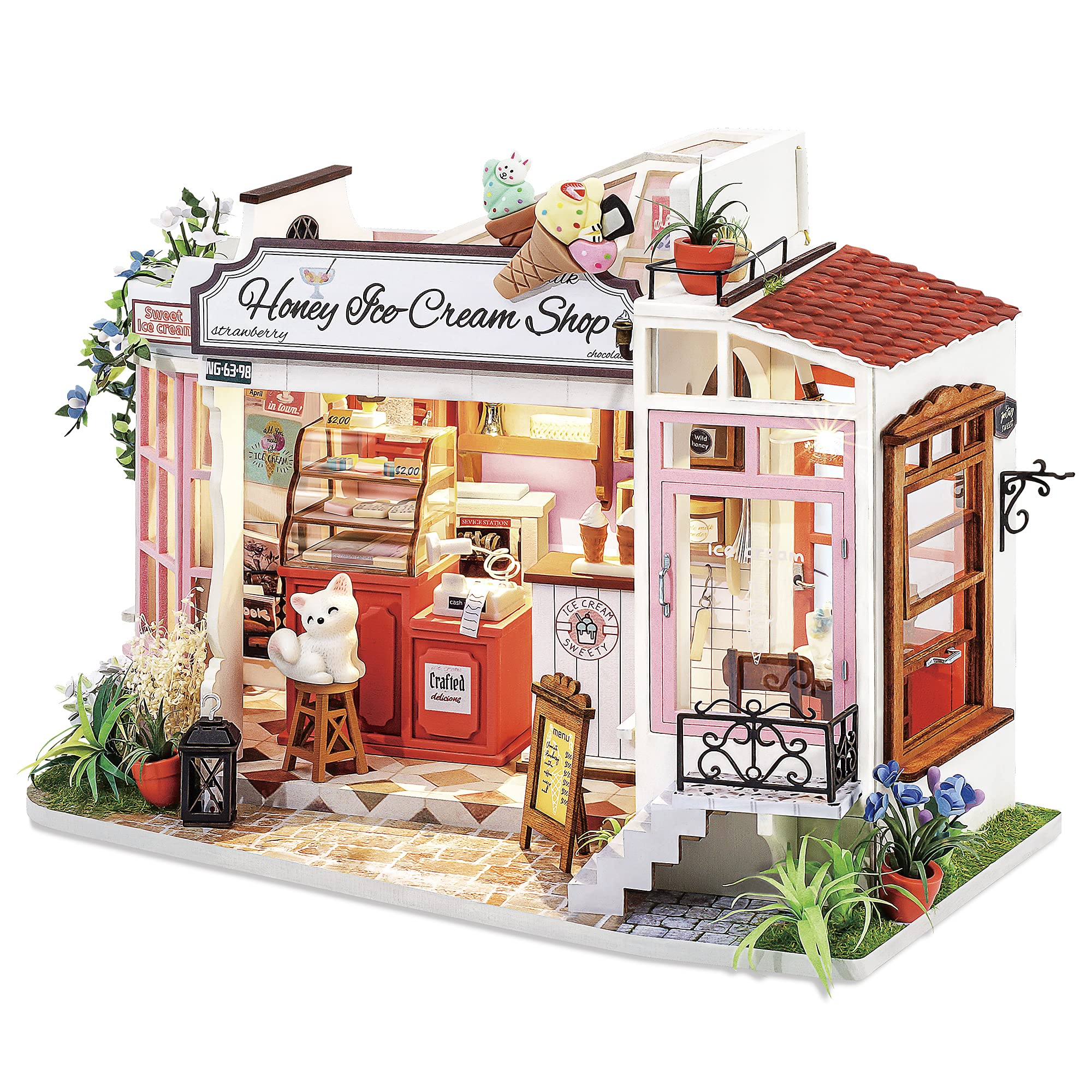ROBOTIME Dollhouse Miniature with LED Wooden Miniature Craft Kits for Adults DIY Model Ice-Cream Shop Kits Creative Gift