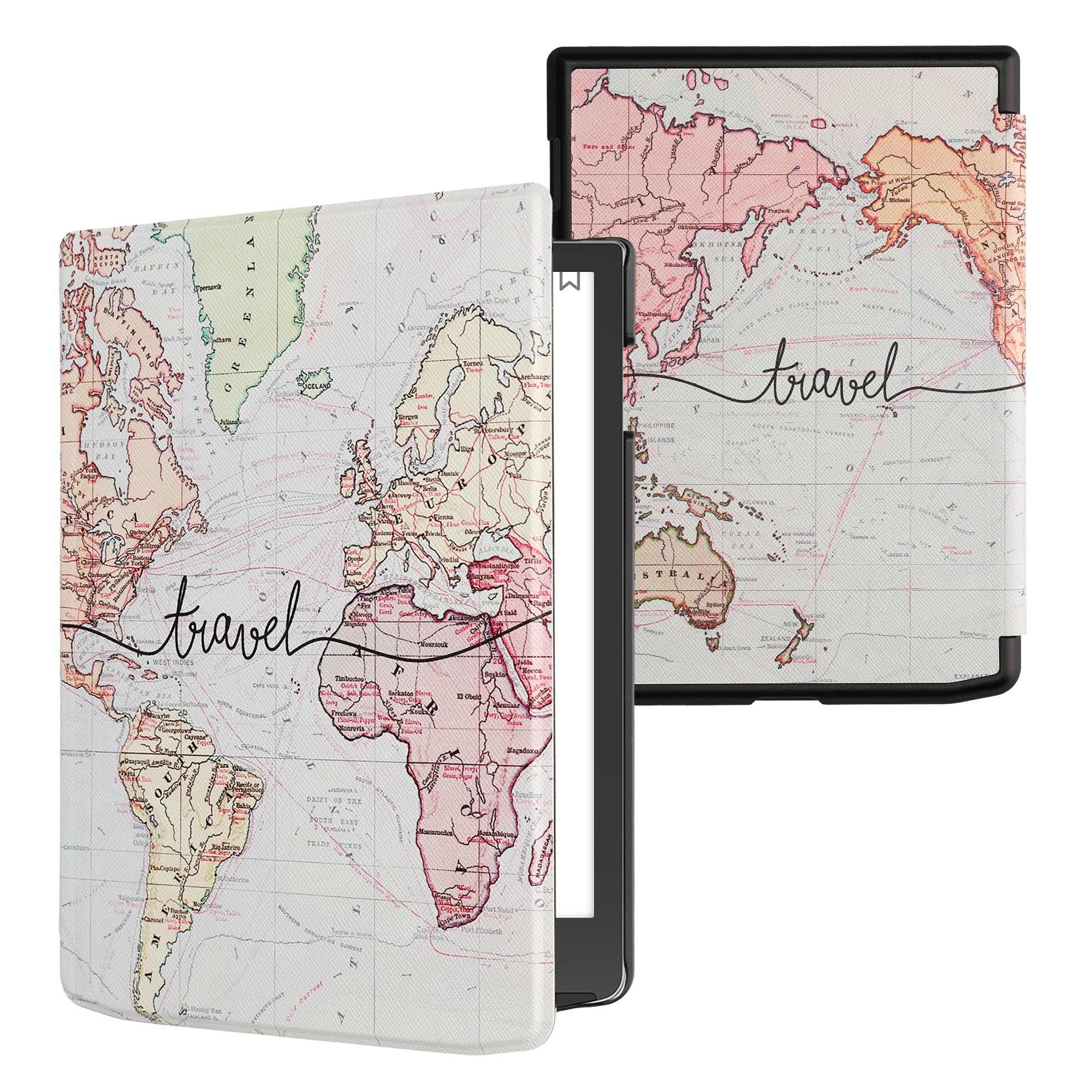 kwmobile Cover for Pocketbook InkPad 4 / Color 3 / Color 2 / Vivlio InkPad 4 / InkPad Color 3 Case - eReader Cover with auto sleep funktion - Travel with Black/Multicolor