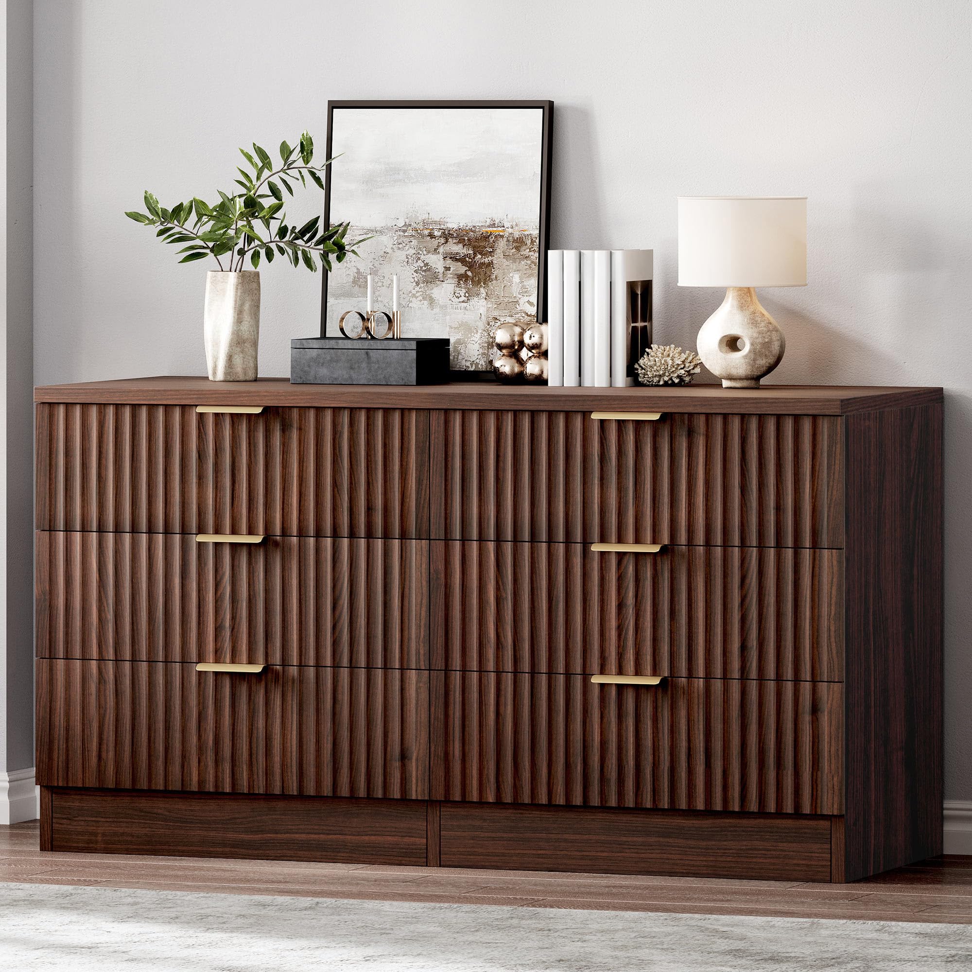 Photo 1 of **HAS BEEN USED** PICECES MAY BE MISSING*** CAN BE USED FOR PARTS *****DWVO Fluted 6 Drawer Dressers, 47.5" Wide Modern Chest of Drawers, Wooden Dresser with Metal Handle, Versatile TV Stand Cabinet Table for Bedroom, Closet, Living Room, Hallway, Walnut