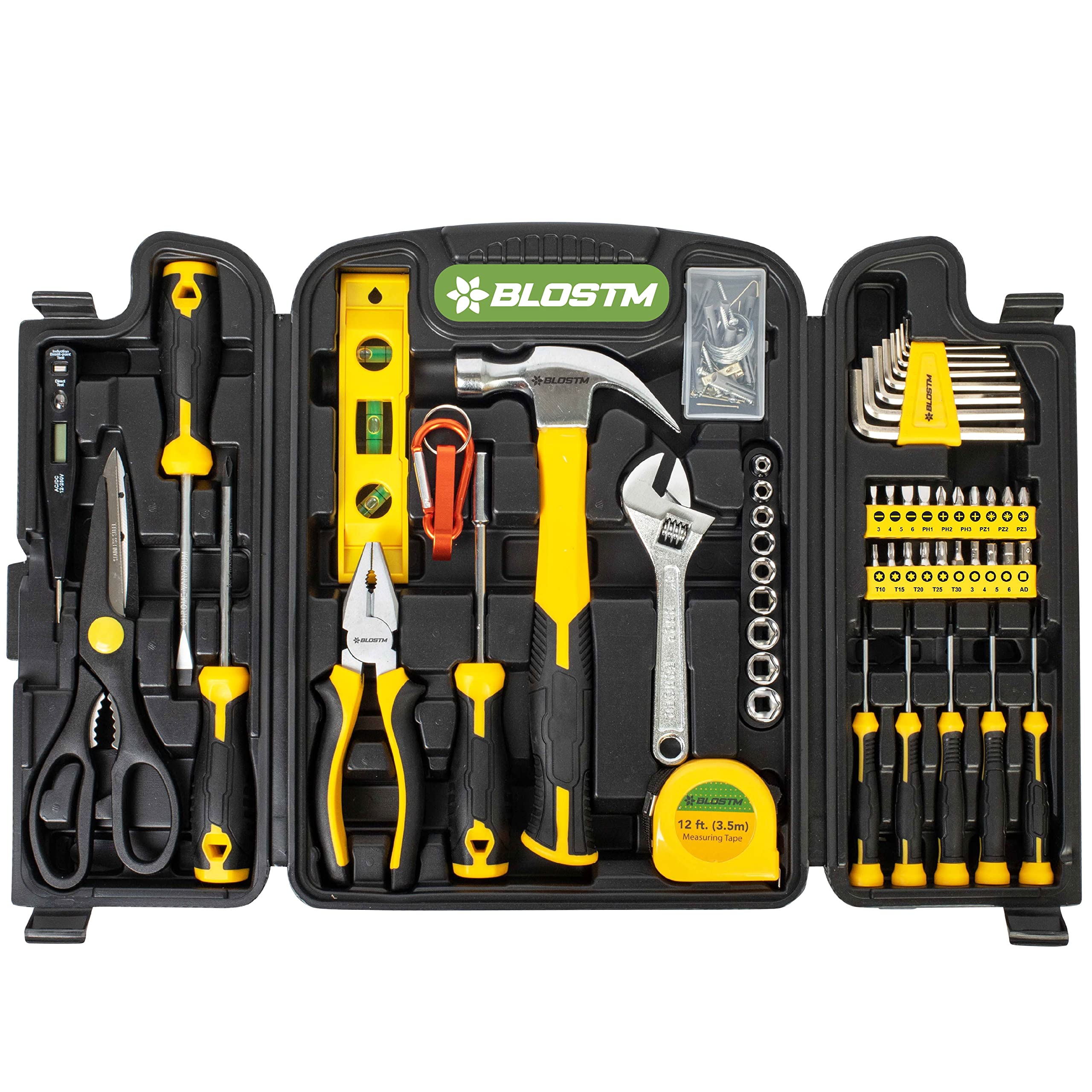 BLOSTM 54-Piece Tool Kit - Office & Home Tool Kit with Essential Hand Tools for DIY Projects & Household Repairs - Includes Portable Storage Box, Screwdrivers, Hex Keys, Pliers, Hammer, Wrench & More