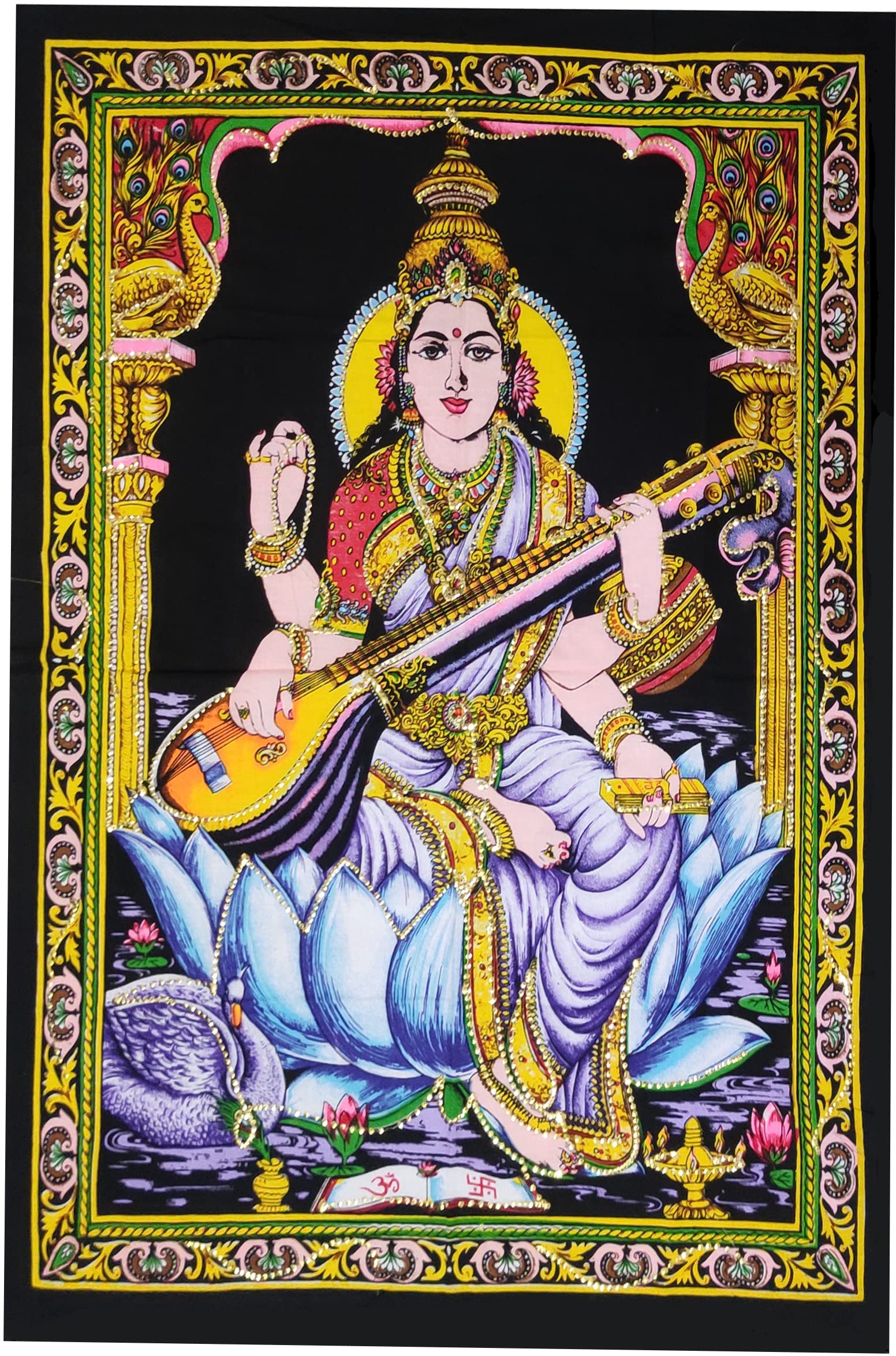 Purpledip Cotton Wall Poster Saraswati: Spiritual Hanging Unframed Sheet, Multicolor (20082)