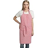 Vintage Gingham Kitchen Aprons Chef Bib Canvas Aprons Christmas Holiday Home Decorative 100% Pure Cotton Aprons in Large Size with Pockets Adjustable Neck Strap Long Ties Aprons(Red)