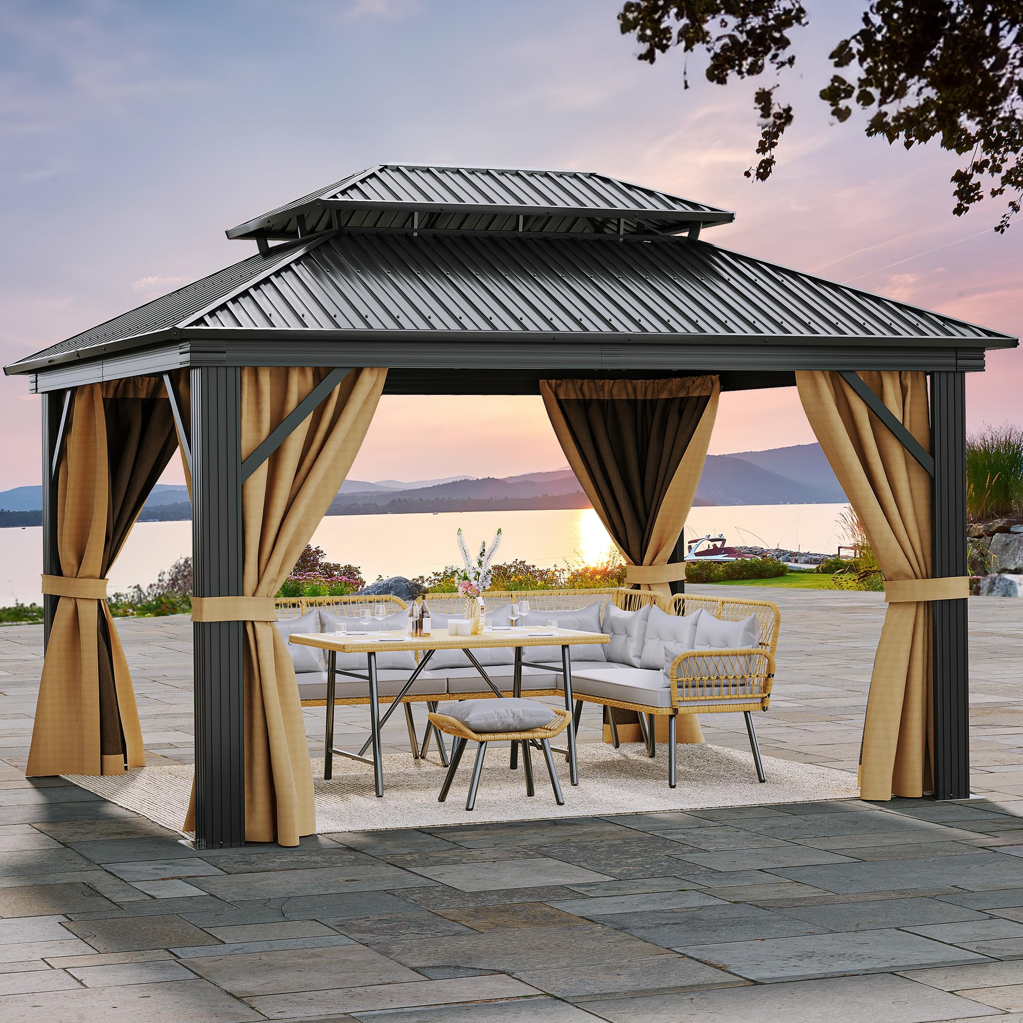 Domi 12x14FT Hardtop Gazebo - Steel Outdoor Pergola With Double Roof & Bug Netting (Gray)