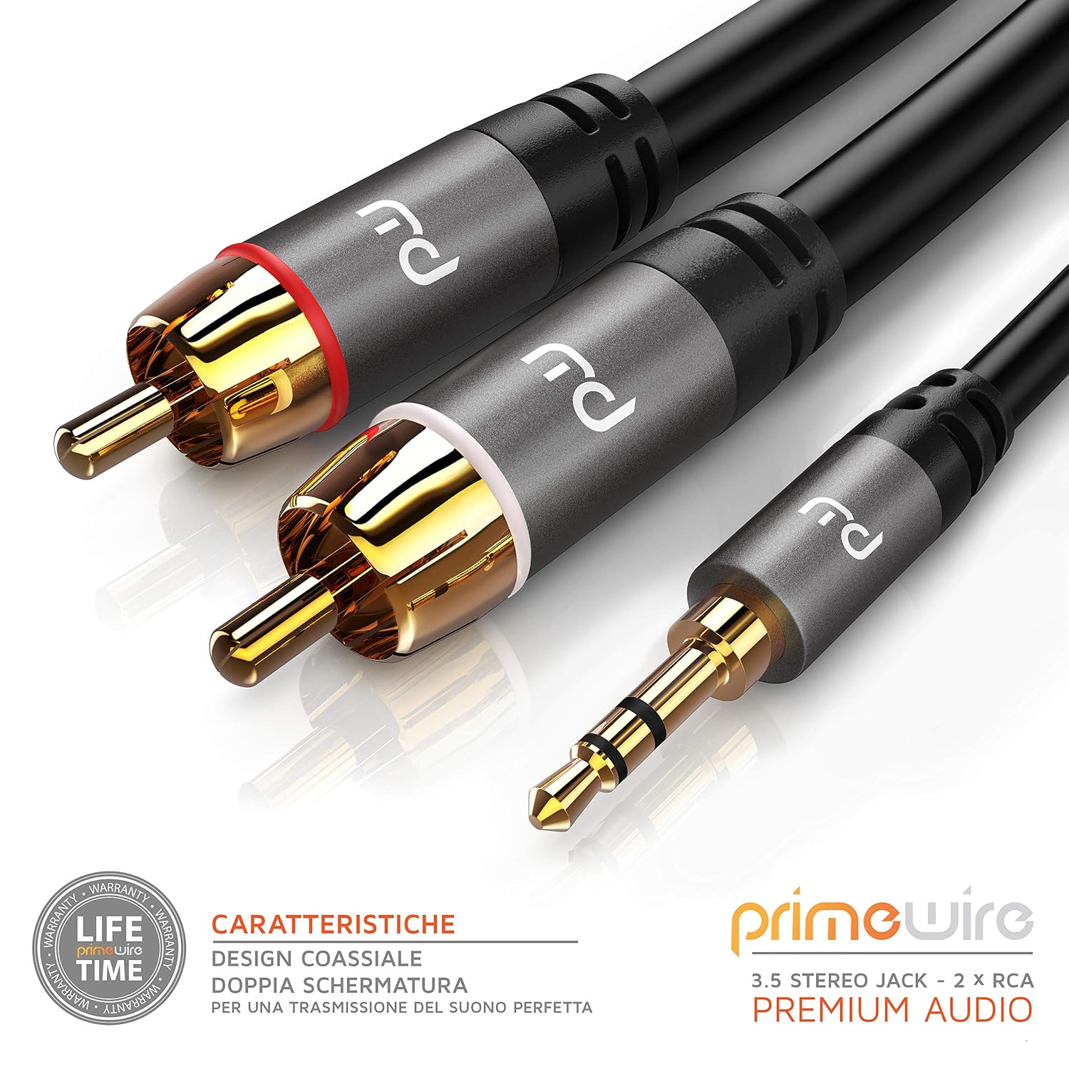 Elettronica Connettore 1x 3,5mm Jack maschio a 2x RCA maschio Primewire Jack  RCA Audio Cavo Spinotto in metallo pieno dalle dimensioni perfette 3,0m  Cavo 2x RCA a 3.5 mm Jack Audio AUX