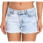 Foucome Women's Denim Shorts Summer Casual Low Waisted Frayed Raw Hem Ripped Denim Jean Shorts