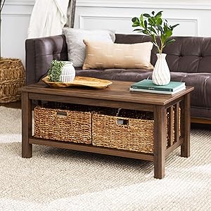 Walker Edison Alayna Mission Style Two Tier Coffee Table with Rattan Storage Baskets, 40 Inch, Dark Walnut