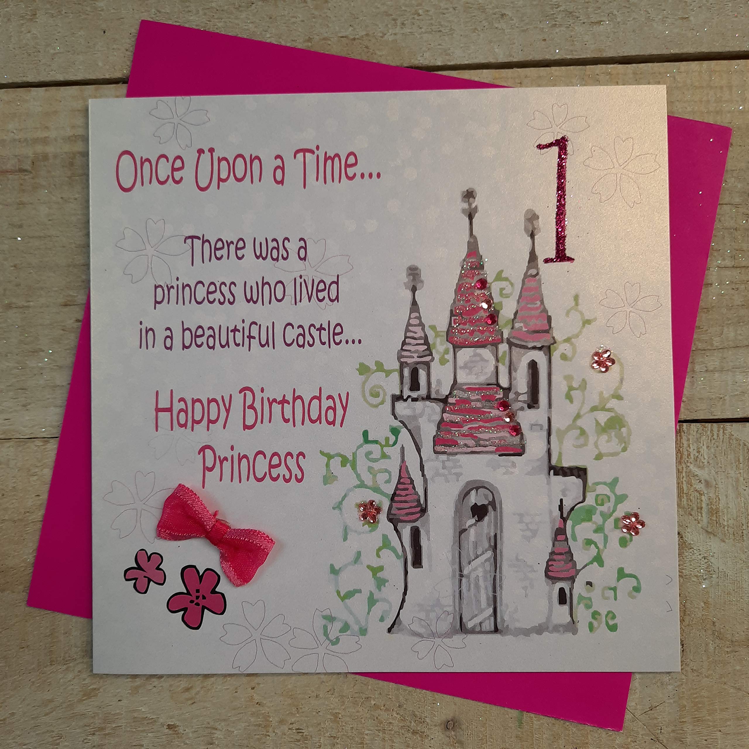 white cotton cards Once Upon A Time…Happy Princess 1, Handmade 1st Birthday Card (Castle)