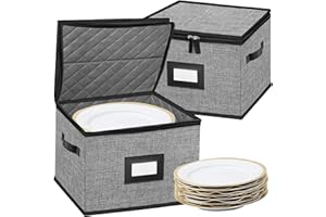 ouruer China Storage Containers-Quilted Dish Storage Containers with Lid Hard Shell for Moving Transport, Dinnerware Storage,Stackable Plate Storage,24 Felt Plate Dividers Included,2PACK 12*12*8in