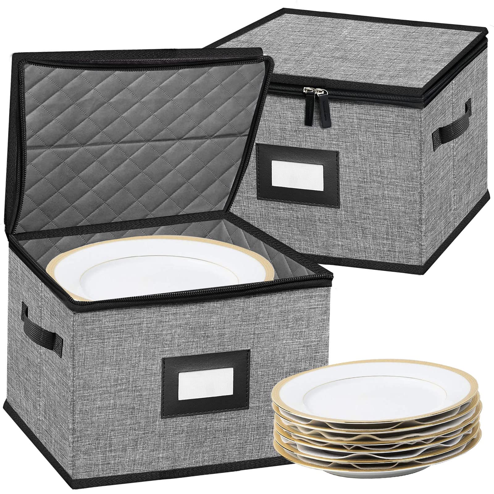 Photo 1 of China Storage Containers-Quilted Dish Storage Containers with Lid Hard Shell for Moving Transport, Dinnerware Storage,Stackable Plate Storage,24 Felt Plate Dividers Included,2PACK 12*12*8in(Dark Grey)
