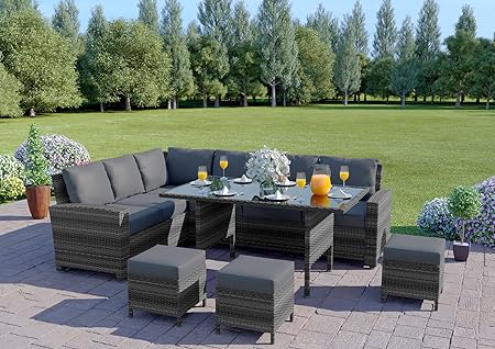 Abreo Rattan Dining Set Furniture Garden Corner 9 Seater INCLUDES