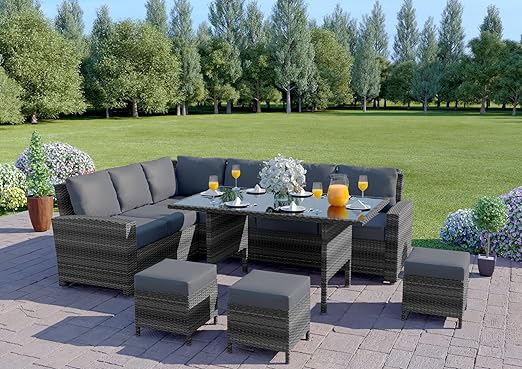 Abreo Rattan Dining Set Furniture Garden Corner 9 Seater Includes