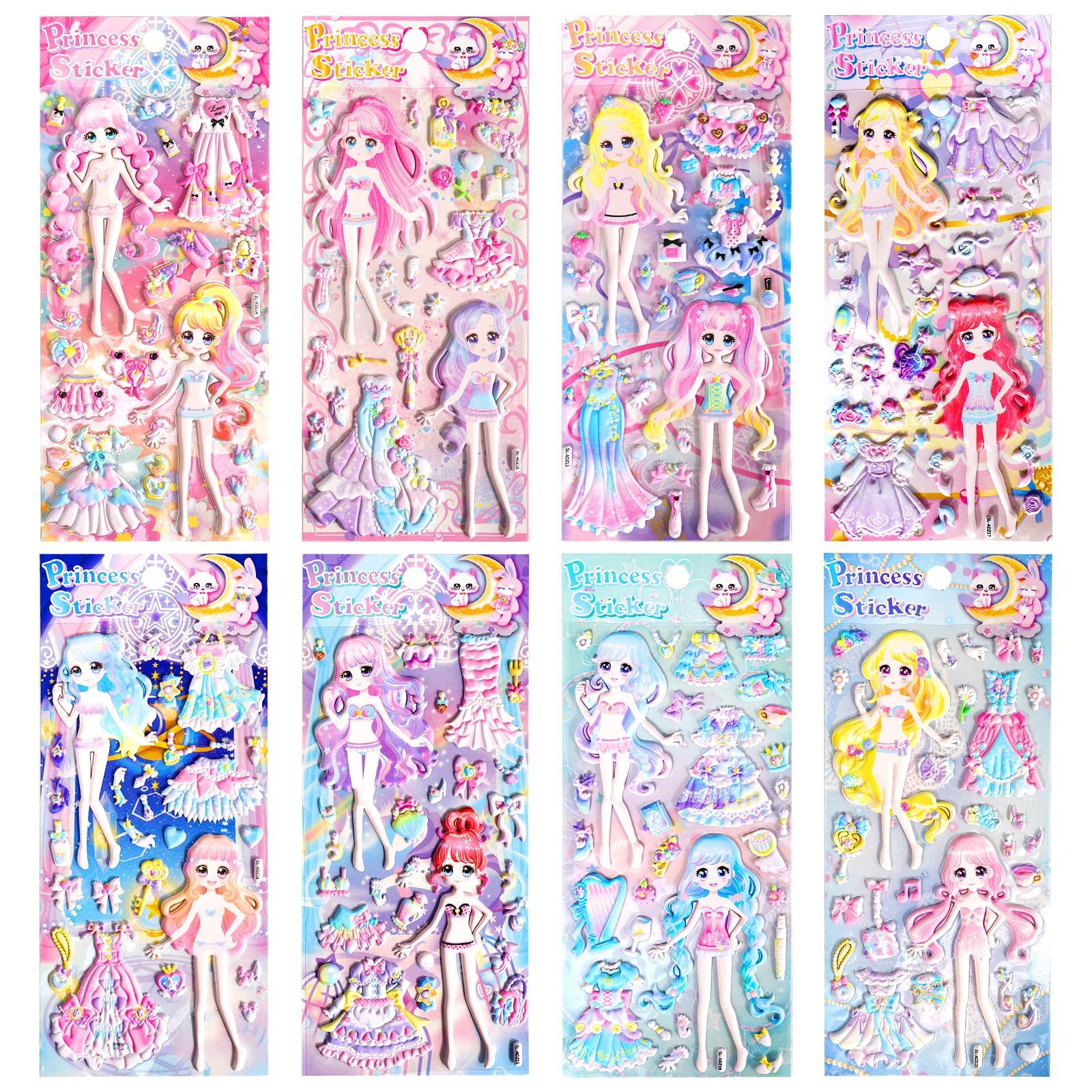 Princess Dress Up Puffy Stickers Pad for Girls Kids Make Your Own Princess Crafts Games,Reusable 3D Foam Fashion Sticker Activity Playset for Toddlers Preschoolers,Party Favors,Restickable 8 Sheets.
