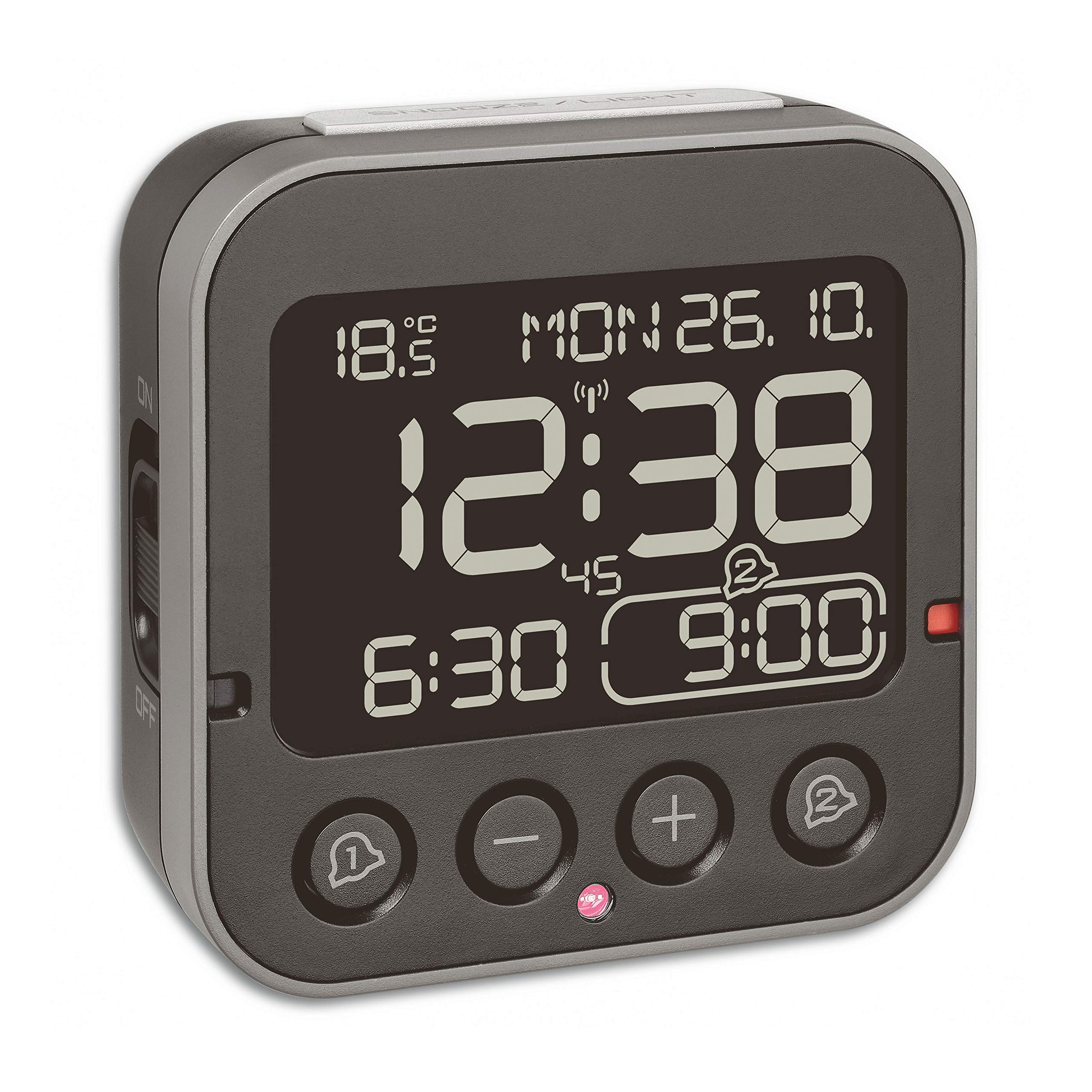TFA Dostmann Bingo 2.0 Digital Radio-Controlled Alarm Clock, 60.2552.01, Inverted Display, 2 Alarm Alarms, Date and Day of the Week, Includes Thermometer, with Light, No Ticking, Radio-Controlled