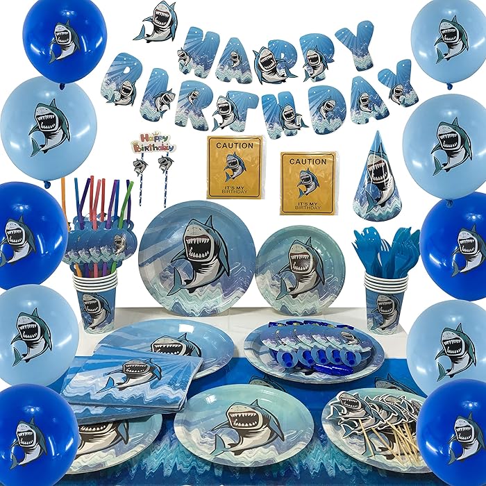 DBRANCO Shark Party Supplies Set – Ocean Pool Party Decorations for Kids Birthday includes Plates Cups Straws Tablecloth Knives Spoons Forks Napkins Balloons Hats Blowouts Serves 10 Guests 140 PCS