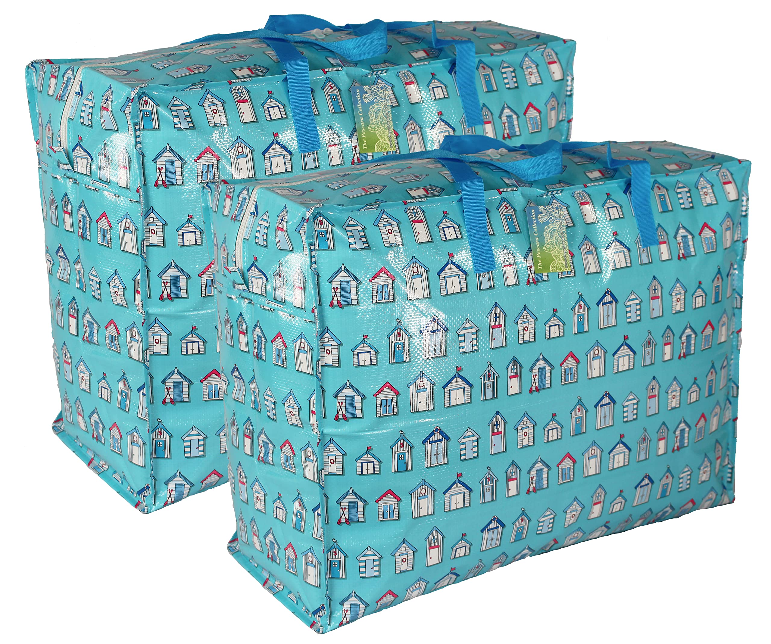 Extra Large Storage Bags Water & Dust Resistant. Double zipped storage bags for toys, laundry, bedding. Underbed Wardrobe Space Saver Blue Beach huts (65 ltr 2x Pack)