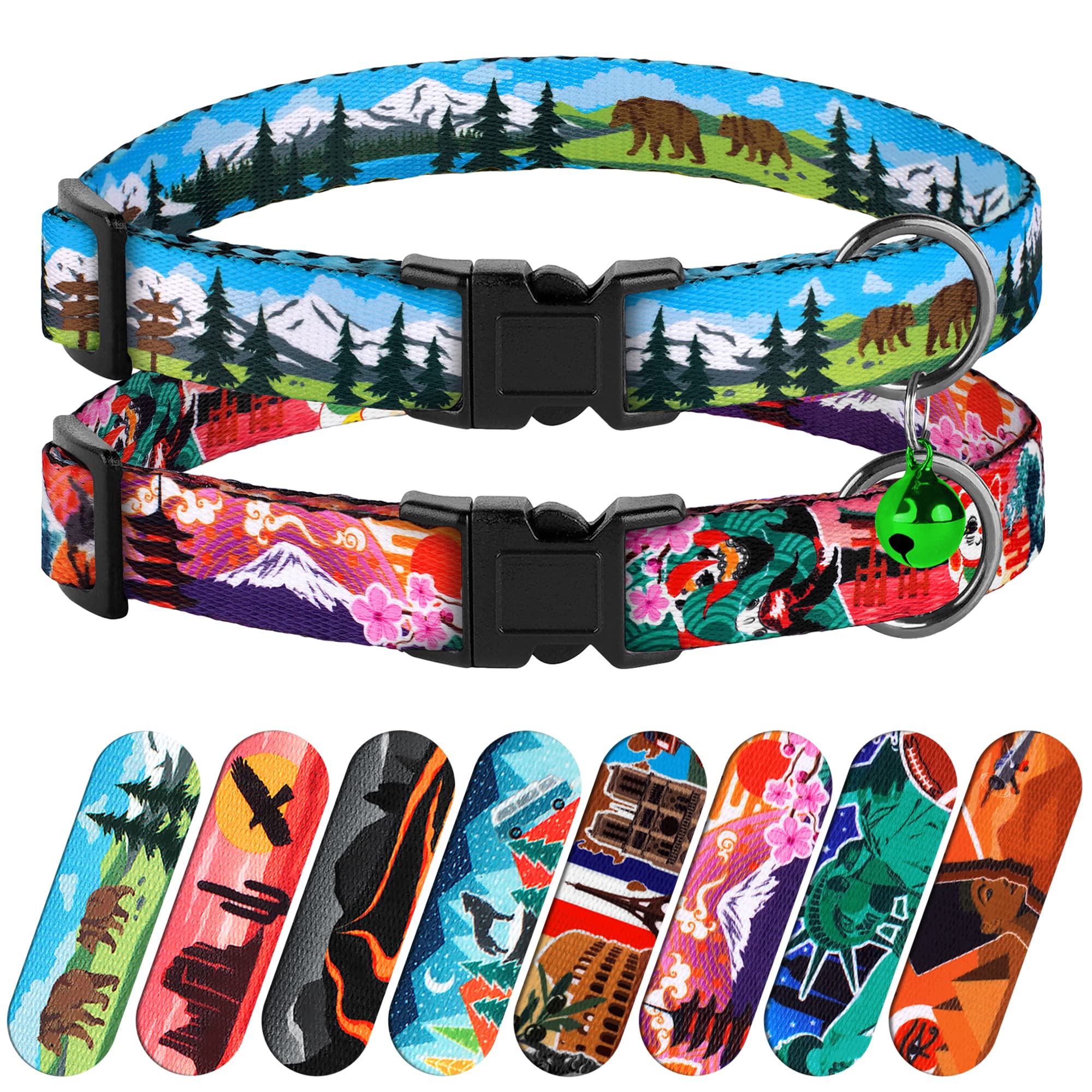 Murom Breakaway Cat Collar 2PCS Set Adjustable Pattern Nature Safety Print Pet Collars for Cats Kitten Girl Boy (Alaska + Japan)